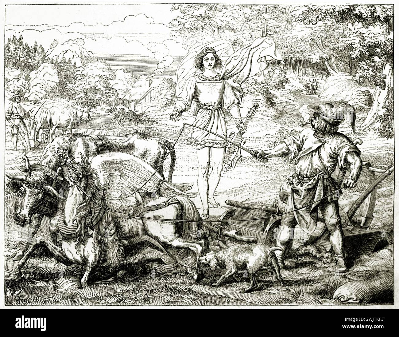 Ein geflügeltes Pferd bricht mit einem Jochsen in einem dynamischen Gravur aus dem Magazin Pittoresque, 1852, zusammen, als eine mysteriöse Figur einen Bauern mitten im Feld konfrontiert. Stockfoto
