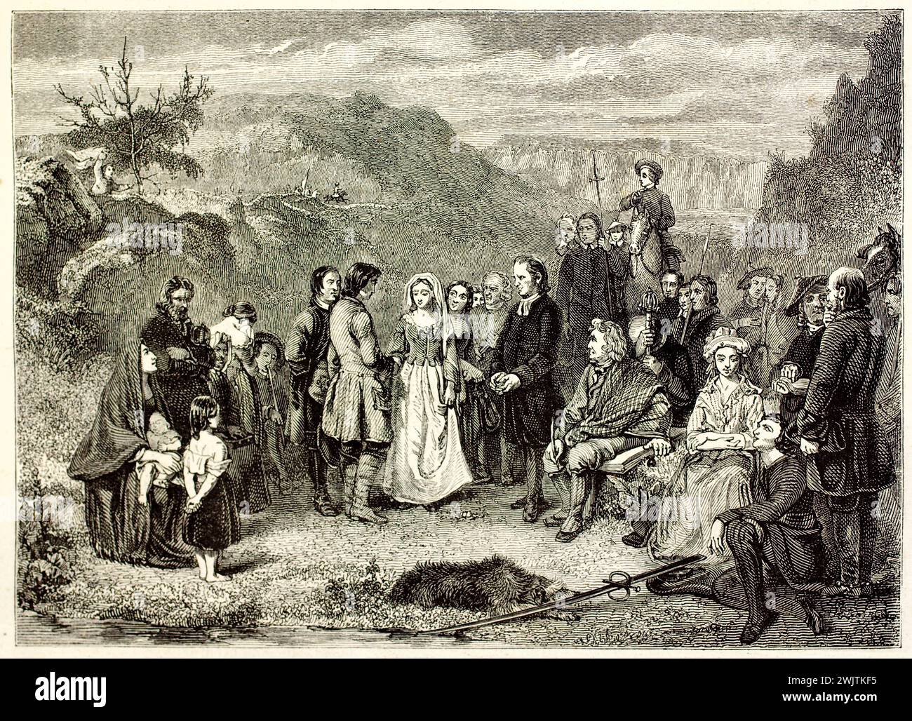 Puritanische Hochzeitszeremonie unter freiem Himmel, dargestellt in einem detaillierten Holzstich aus dem Magazin Pittoresque, 1852. Die Gruppe bildet eine feierliche und intime Stockfoto