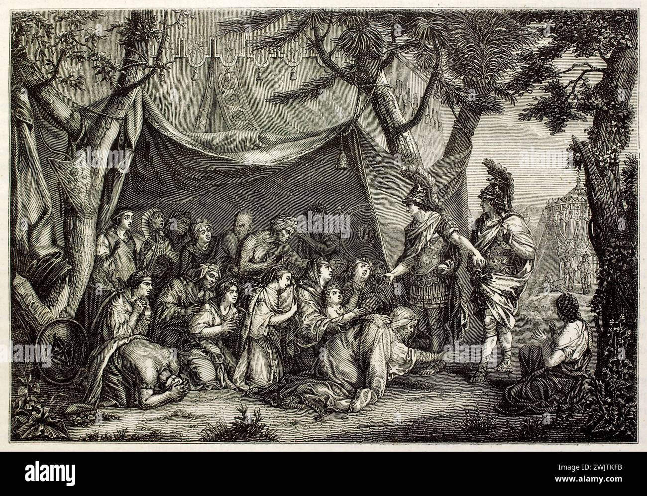 Die Familie von Darius vor Alexander, Stich aus dem Magazin Pittoresque, 1852. Klassische Komposition reich an Ausdruck und historischem Detail. Stockfoto