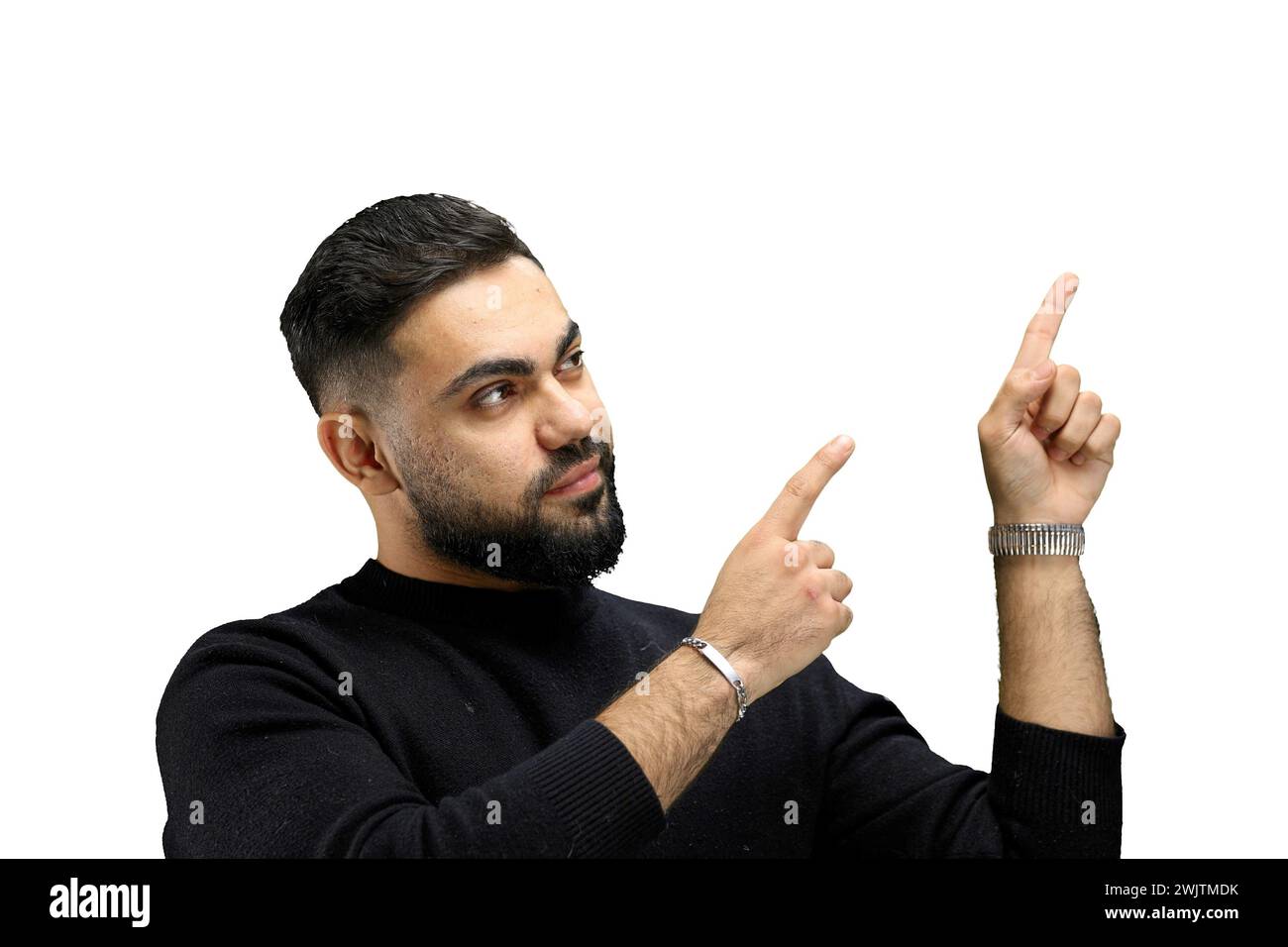 Mann, Nahaufnahme, auf weißem Hintergrund, zeigt nach oben Stockfoto