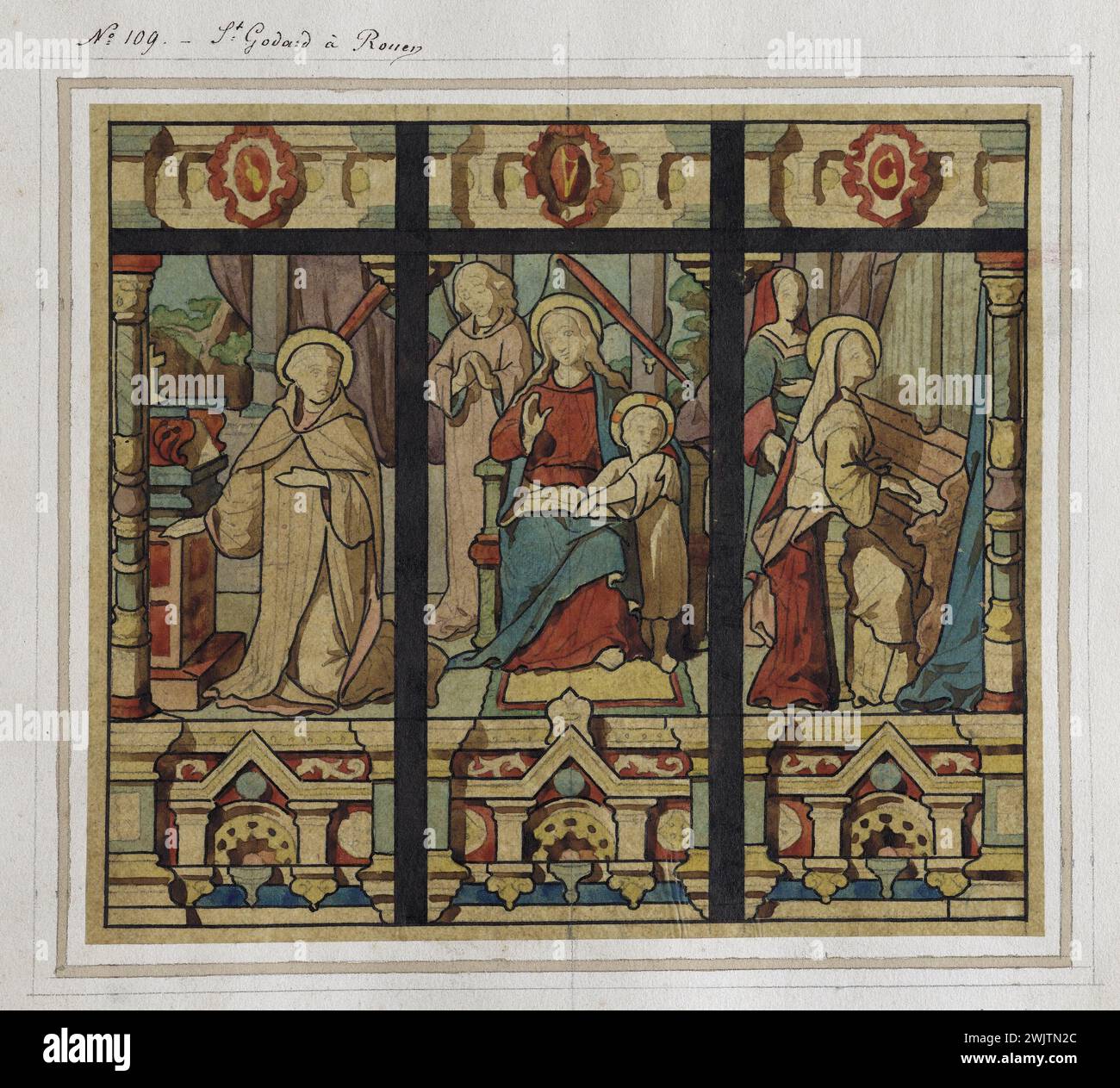 GSELL-Laurent-Workshop. Album Nr. 1. Projekt von Buntglas für die Kirche Saint Godard in Rouen: jungfrau mit Christkind, Saint Cécile und Saint. Porzellantinte und Aquarell. Paris, Carnavalet Museum. 37249-12 Katholik, Chretian Christian, Christkind, Kirche des Heiligen Godard, Tinte von China, Mutter Sohn, Projekt, heilig, religiöse Szene, heiliger, Jungfrau, Buntglas, Aquarell Stockfoto
