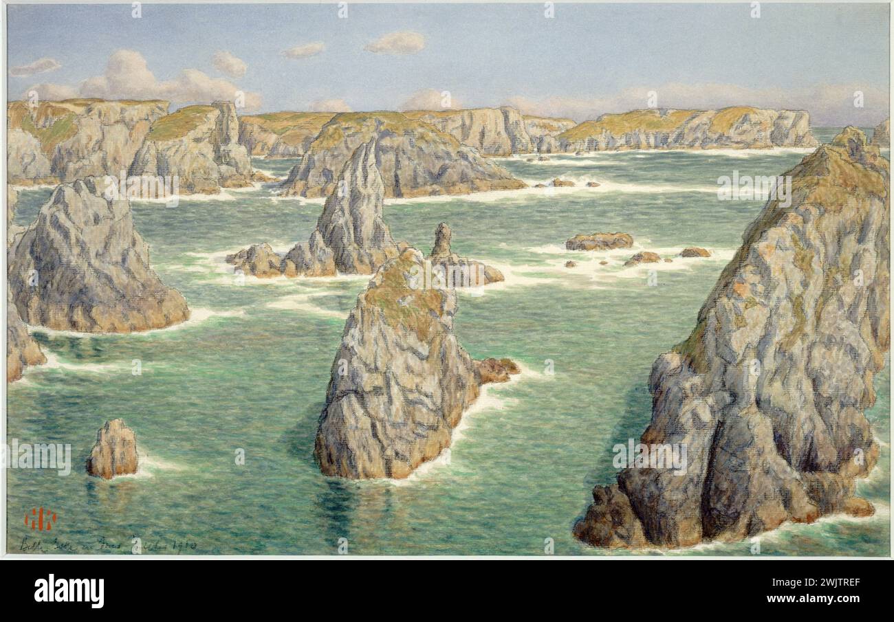Henri Rivière (1864-1951). "Port-Puce, Belle-Isle-en-Mer, Juli 1910". Aquarell und schwarzer Bleistift. Museum der Schönen Künste der Stadt Paris, Petit Palais. 24403-1 Schwarzer Bleistift, Melancholie, Pont-Aven Schulbewegung, Marine, Meer, traumhaft, traumhaft, Matrosenlandschaft, Hafenpuce, Traum, Rock, Einsamkeit, Traum, 20. XX. 20. 20. 20. 20. Jahrhundert, Aquarell Stockfoto