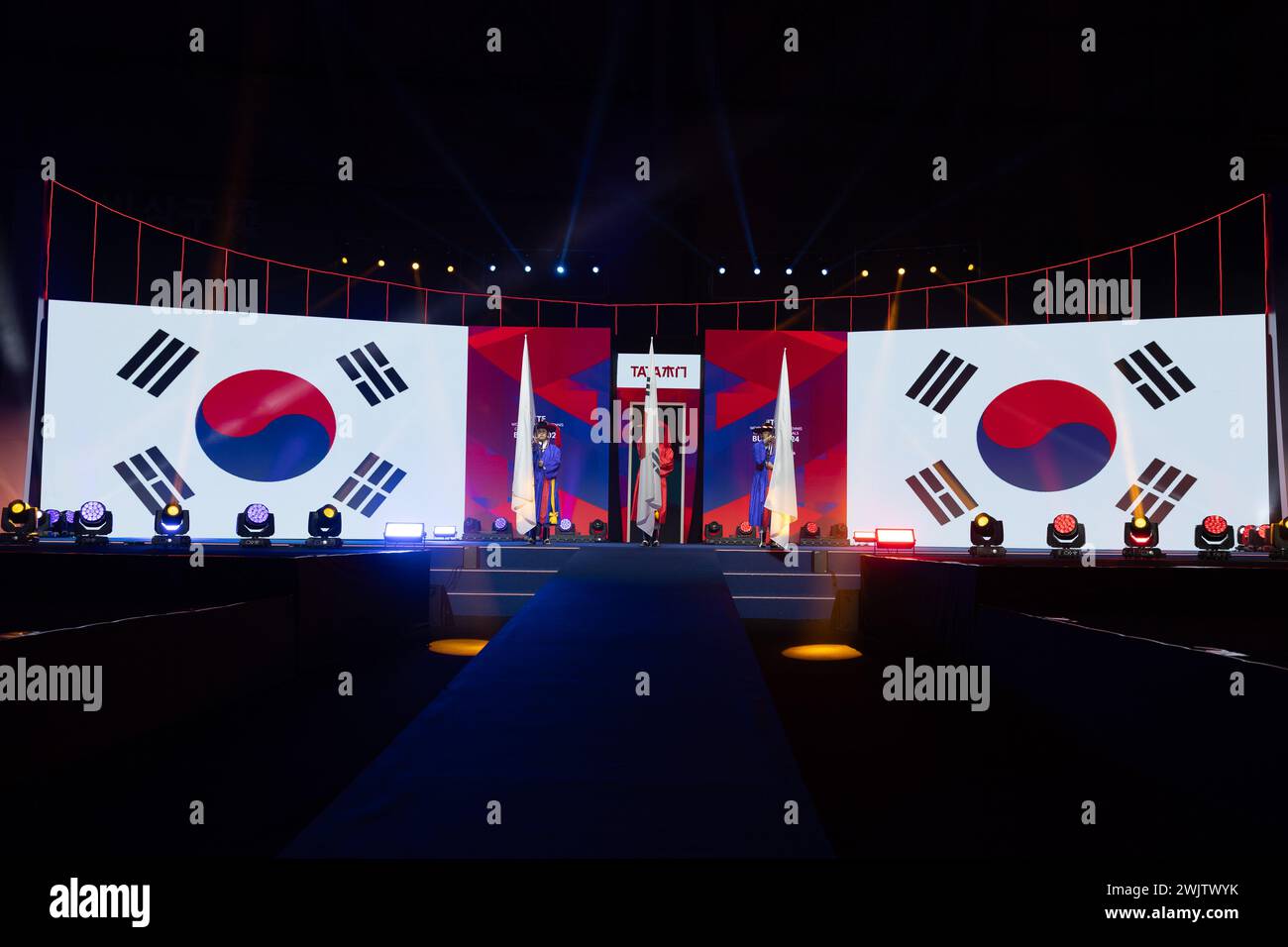 Busan. Februar 2024. Dieses am 17. Februar 2024 aufgenommene Foto zeigt die Eröffnungszeremonie des Finals der ITTF-Team-Tischtennis-Weltmeisterschaft Busan 2024 in Busan, Südkorea. Quelle: Zhang Tao/Xinhua/Alamy Live News Stockfoto