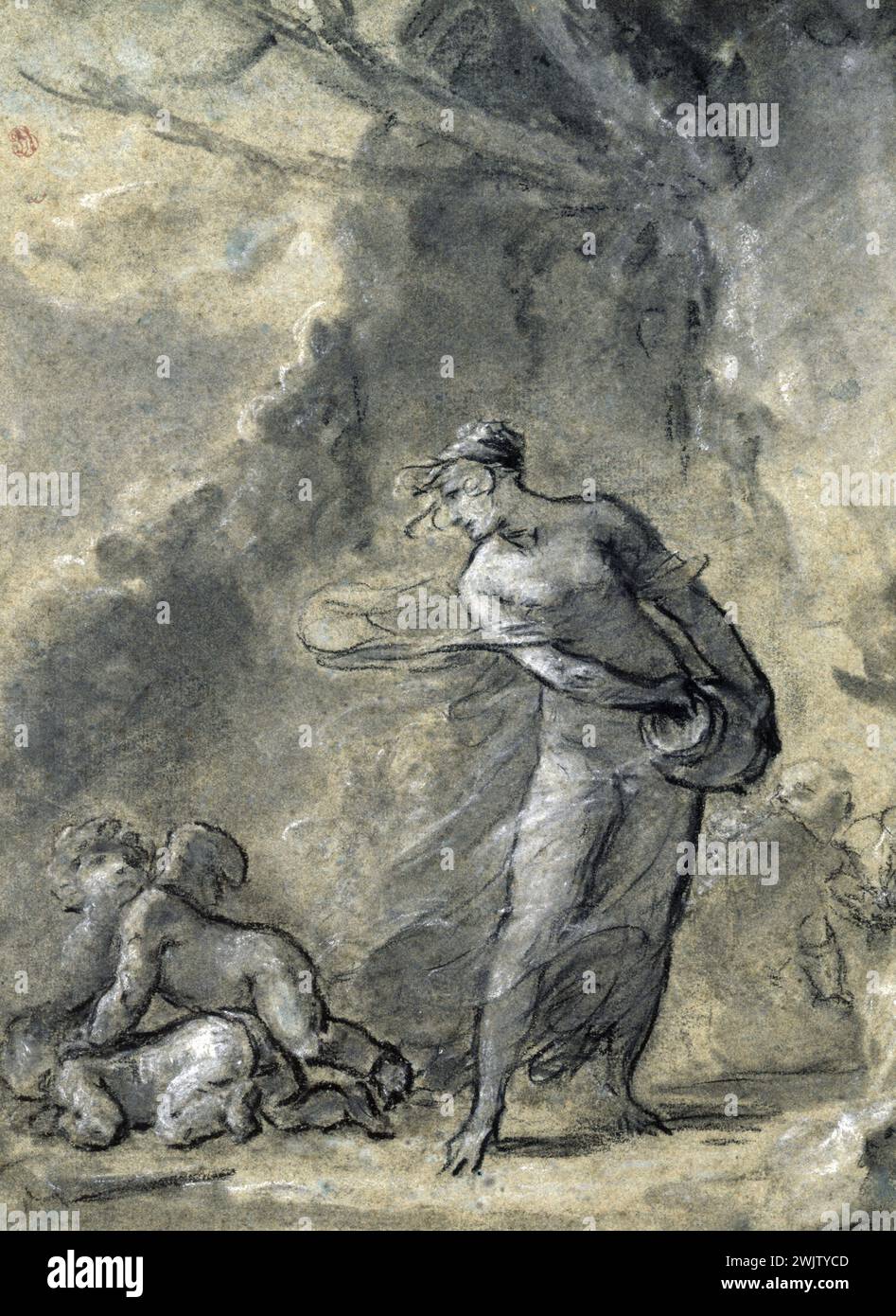 Pierre-Paul Prudhon (1758-1823). Eine junge Nymphe jagt unwillkommene Lieben. Schwarzer Bleistift auf blauem Papier, 18. Jahrhundert. Paris, Cognacq-Jay Museum. 35786-5 aggressiv, Aggressivitis, Liebe, Engel, Engel, Jagd, Jagd, schwarzer Bleistift, Deesse, Verteidigung, invasiv, erklärend, unerwünscht, junge Nymphe, blaues Papier, zurückschicken, abstoßen, 18. 18. 18. 18. 18. 18. 18. 18. Jahrhundert, Mythologie Stockfoto