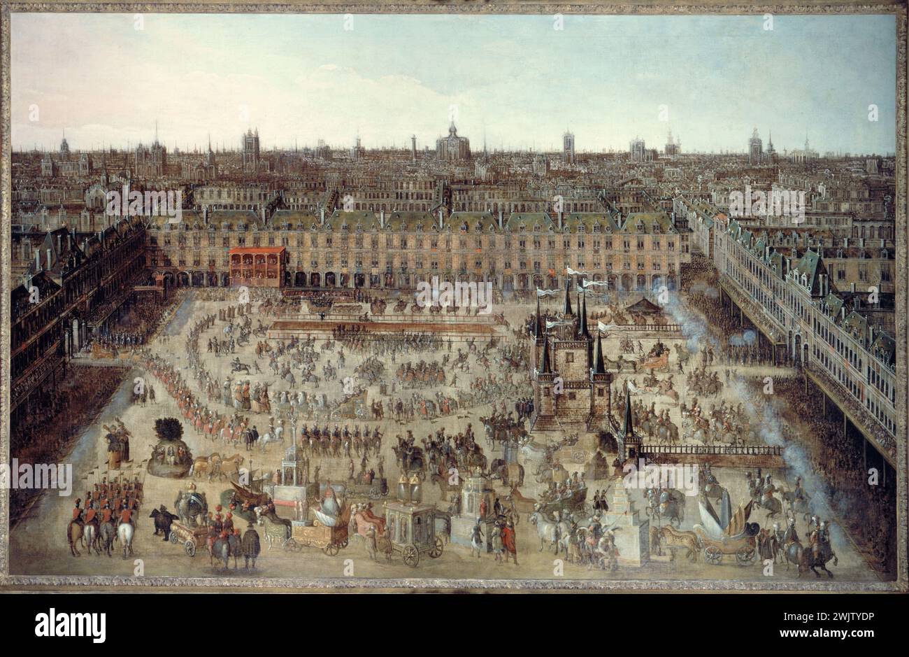 Anonym. „Der Römer der Ritter der Herrlichkeit“ (Grand Carrousel gab Platz Royale, vom 5. Bis 7. April 1612, anlässlich der Heirat Ludwigs XIII. Mit Anne von Österreich). Öl auf Leinwand. Paris, Carnavalet Museum. 25820-8 Carrosse, Carrousel, Fete, IVEME IVE IV 4. 4. 4. Arrondissement, Le Marais, Mariage, Place des Vosges, Place Royale, Quartier du Marais, Königin, Spektakel, Stadt, Öl auf Leinwand Stockfoto