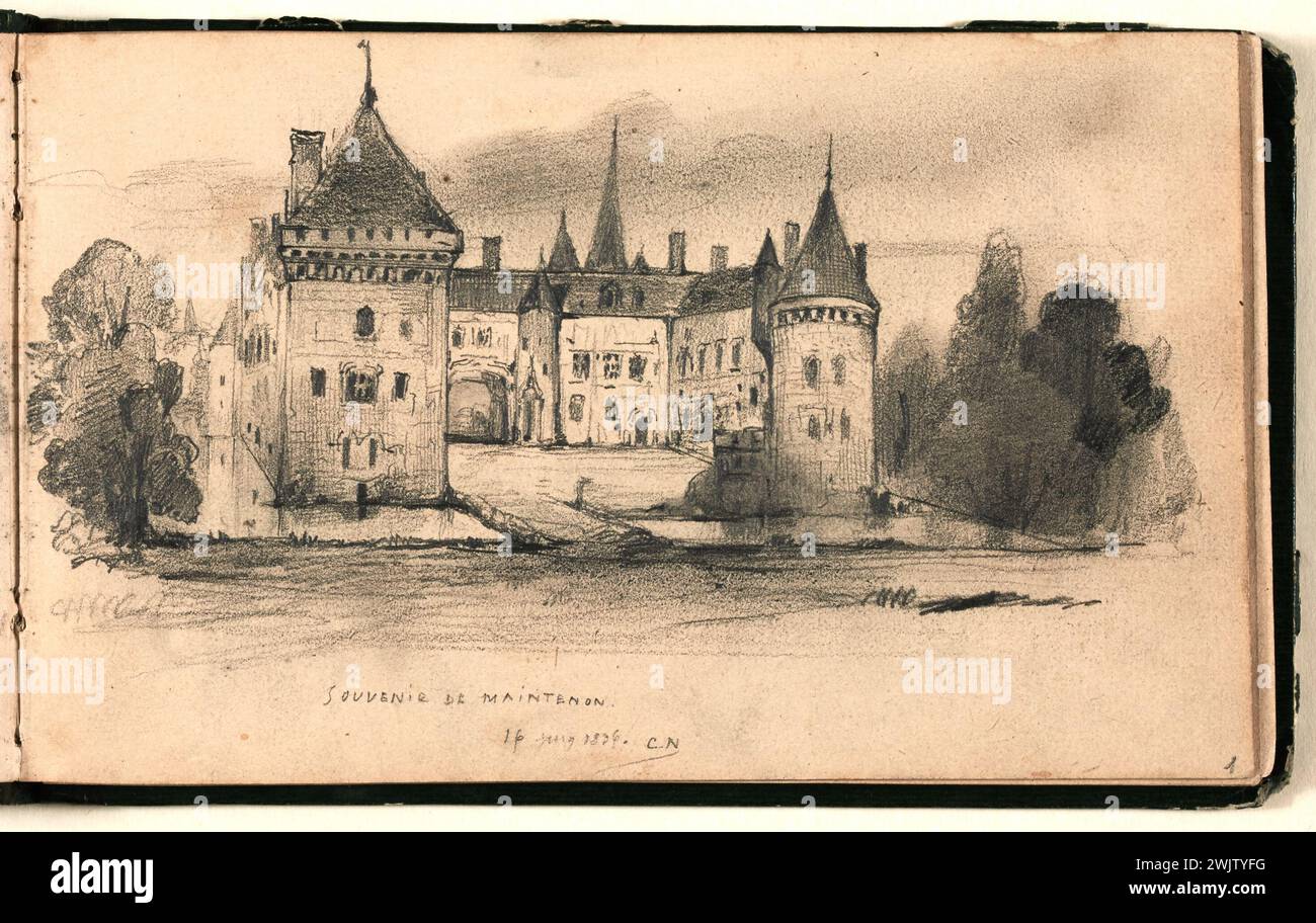 Nanteuil, Célestin (Nr. 1813-07-11-D.1873-09-06), Souvenir de Maintenon (Titel des Autors), 16. Juni 1836. Graphit-Bleistift auf gewebtem Papier. House of Victor Hugo - Hauteville House. Repräsentiert die Château de Maintenon Stockfoto