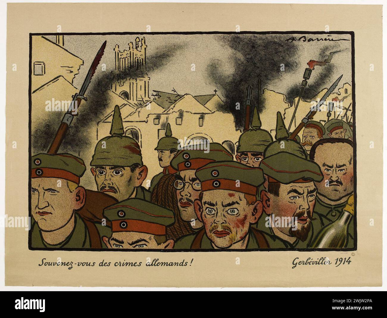 Krieg 1914-1918. Adrien Barrère (1837-1931). Poster "erinnern Sie sich an deutsche Verbrechen!" Gerbéviller (Meurthe-et-Moselle), 1914. Farblithographie, 1917. Paris, Carnavalet Museum. Deutsche Armee, Poster, Baskenmütze, Spitzhelm, Militärkostüm, Druckdokument, Smoke, Great war, war 14-18, war 1914-1918, Iere 1e 1. 1. Krieg, Lithographie, 1. Weltkrieg, Soldat, Truppe, XXEME 20. 20. 20. 20. 20. Jahrhundert, Stich Stockfoto