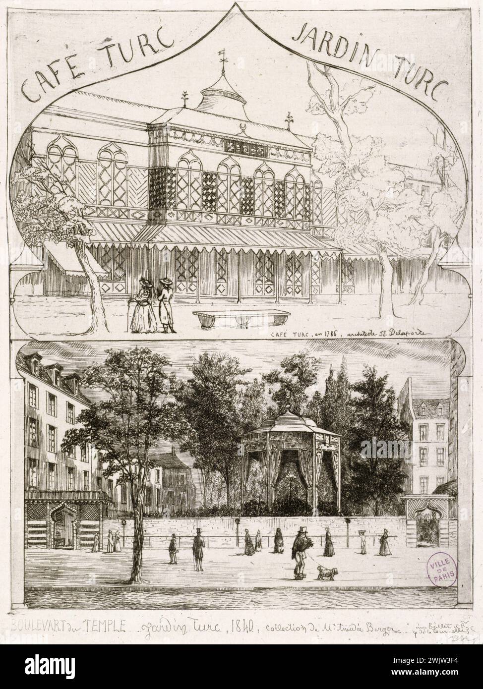 Türkischer Kaffee 1786; türkischer Garten, Boulevard du Temple 1840. Kupferstich aus Martial Adolphe Potelmont, bekannt als A.-P. Martial (1828-1883). Paris, Carnavalet Museum. 26819-7 Boulevard du Temple, türkisches Café, Handel, Fassade, IIIEME III 3. 3. 3. 3. 3. Arrondissement, Jardin, Le Marais, Public, Quartier du Marais, Szene rue, Gravur Stockfoto