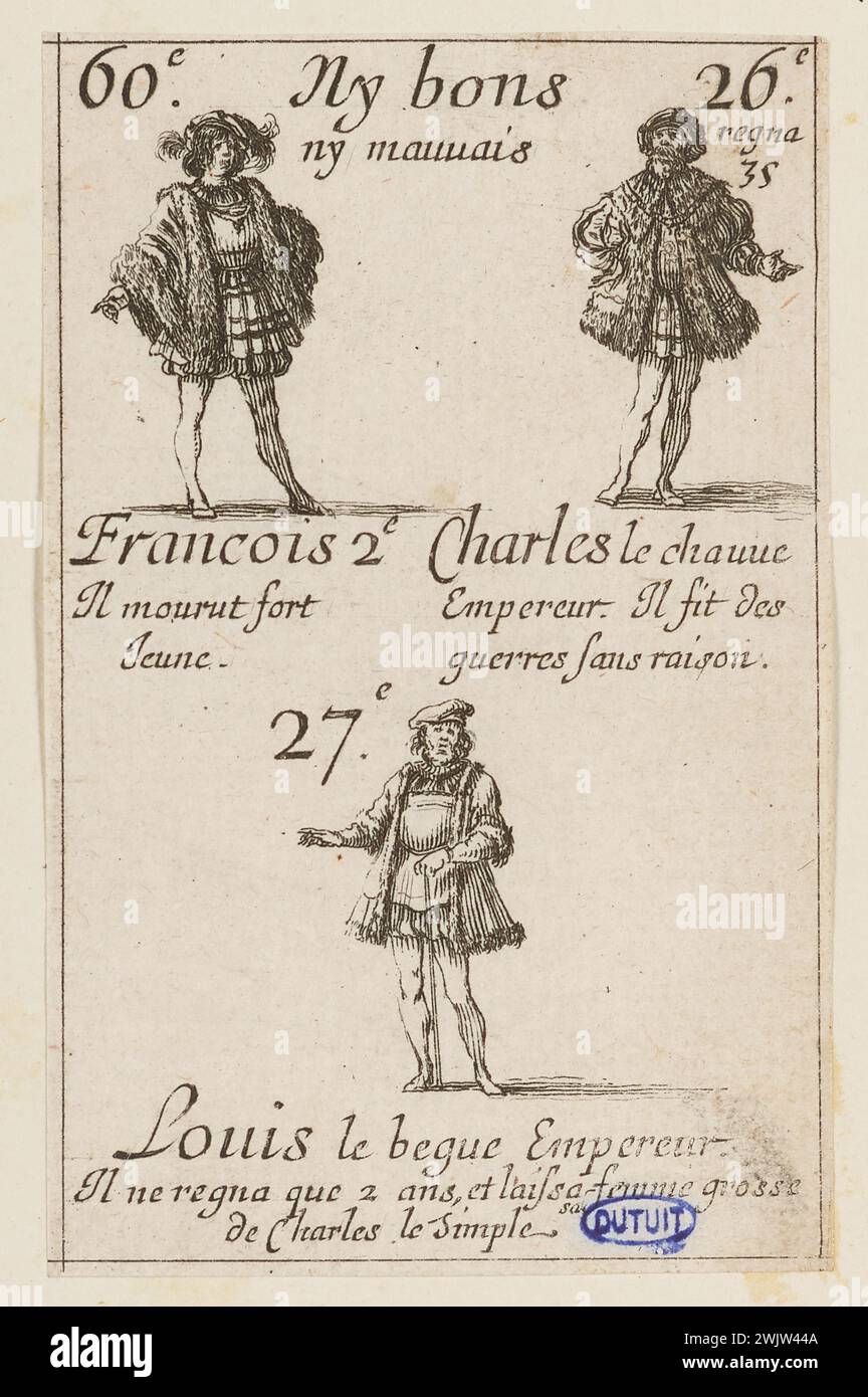 Della Bella, Stefano (dit étienne de la Belle) (Nr. 1610-05-18-D.1664-08-22), Karten der Könige von Frankreich, weder gut noch schlecht: Francois II., Kaiser Charles le Chauve, Kaiser Louis le Bègue. 35. Nummer einer Suite mit 40 Stück. (A. de Vesme 685; Dutuit 119) (Haupttitel), 1644. Ätzen. Petit Palais, Museum der Schönen Künste der Stadt Paris. Stockfoto