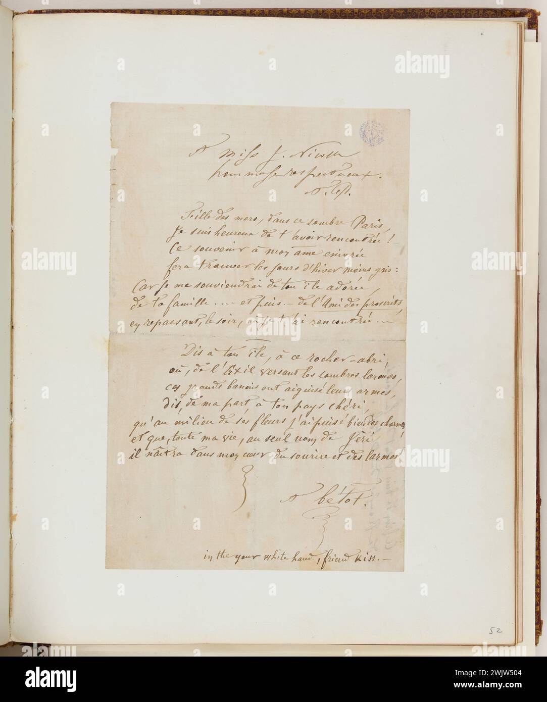 JOSS oder Album Nicolle (gehört Joséphine Nicolle, Schwägerin des verbotenen Bonnet-Duverdier). Ein Gedicht, das Joséphine Nicolle gewidmet ist: „Eine Miss J. Nicolle respektvolle Hommage“. Tinte auf Papier. Verfasser: Betot ?, Richtung 1865. Paris, Maison de Victor Hugo. 53635-9 JOSS Album, Nicolle Album, Dedicace, Tinte auf Papier, Exil, Gedicht, poesie, Unterschrift Stockfoto