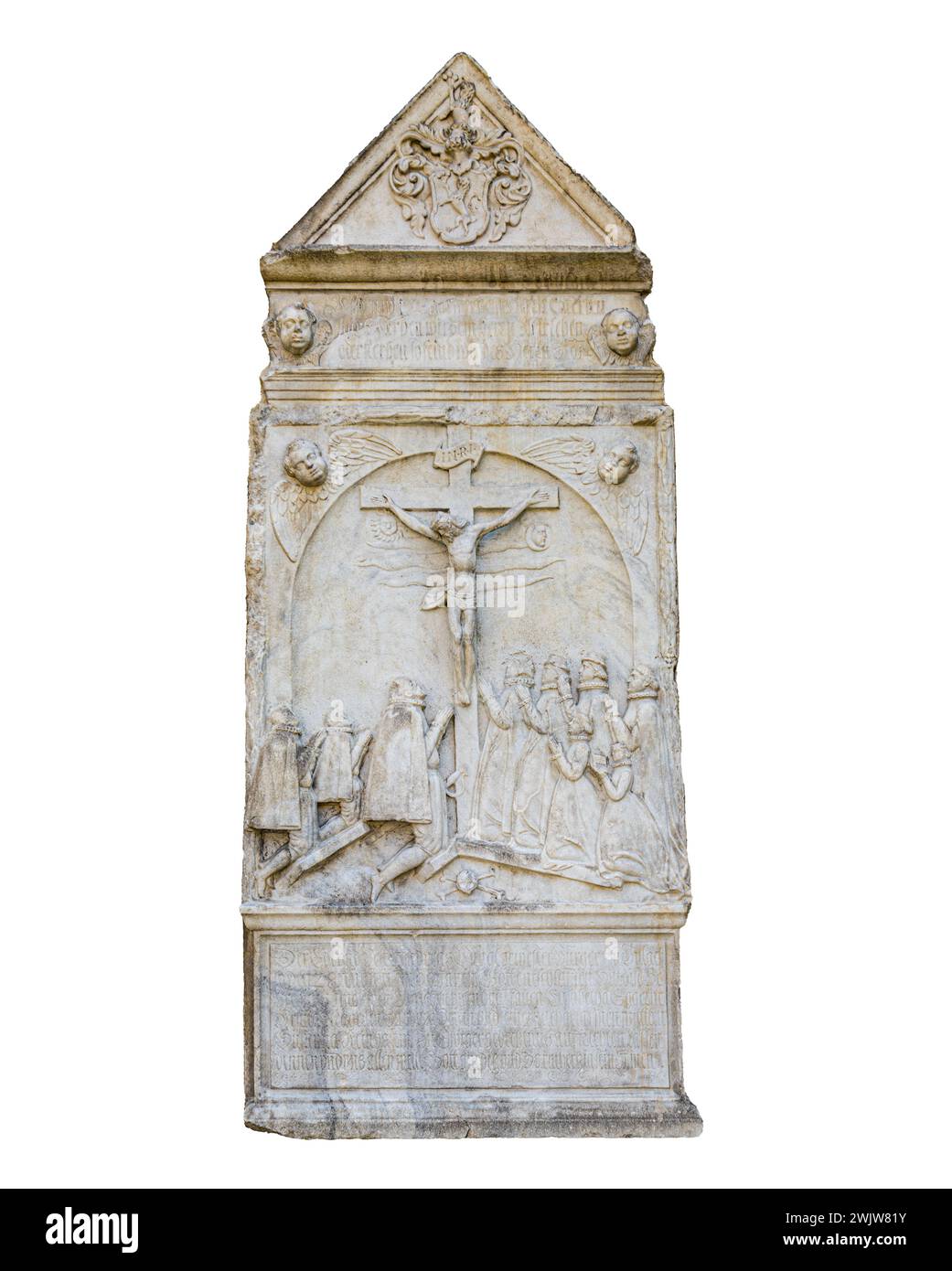 Eine mittelalterliche, religiöse germanische Stele aus Stein auf transparentem Hintergrund Stockfoto