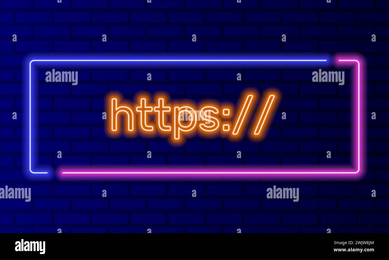 Neonzeichen https in Sprechblase Rahmen auf Backsteinwand Hintergrund Vektor. Helles Banner auf dem Hintergrund der Wand. HTTPS Button Cybersecurity Web 30, Design Stock Vektor