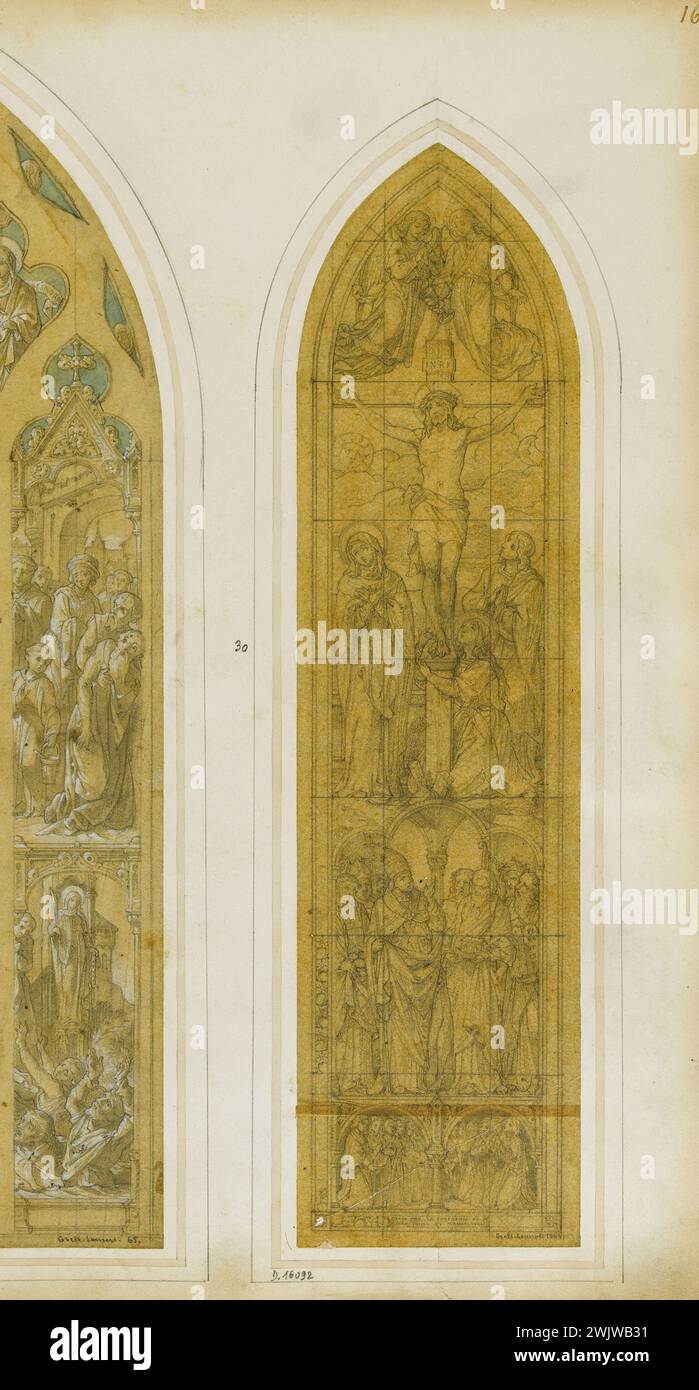 GSELL-Laurent-Workshop. Album Nr. 3; Vitrail-Projekt: Christus am Kreuz mit der Jungfrau, dem Heiligen Johannes und Madeleine, Gruppe von Heiligen und Märtyrern. Bleistift auf Schicht. Paris, Carnavalet Museum. Album Nr. 3, katholisch, Christian, Bleistift auf Schicht, Kreuz, Christus, Sohn Gott, Gruppe, Märtyrer, Projekt, Heilig, Heilig, Jungfrau, Glas, Stockfoto