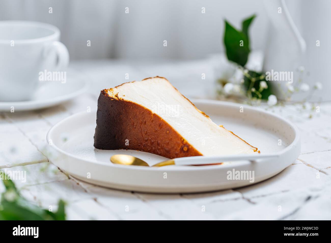 Beliebtes spanisches Dessert namens San Sebastian Käsekuchen. Klassischer baskischer Käsekuchen mit verbranntem Käse. Ein Stück Kuchen auf weißem Hintergrund Stockfoto