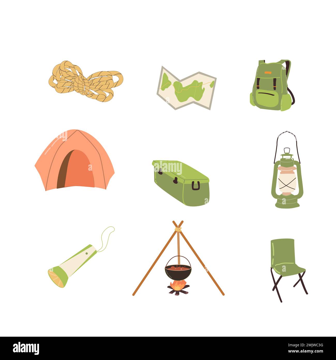 Handgezeichnetes Set von Campingausrüstung. Vektor-Illustration kann für Camp Banner, Grußkarte, Aufkleber verwendet werden. Stock Vektor