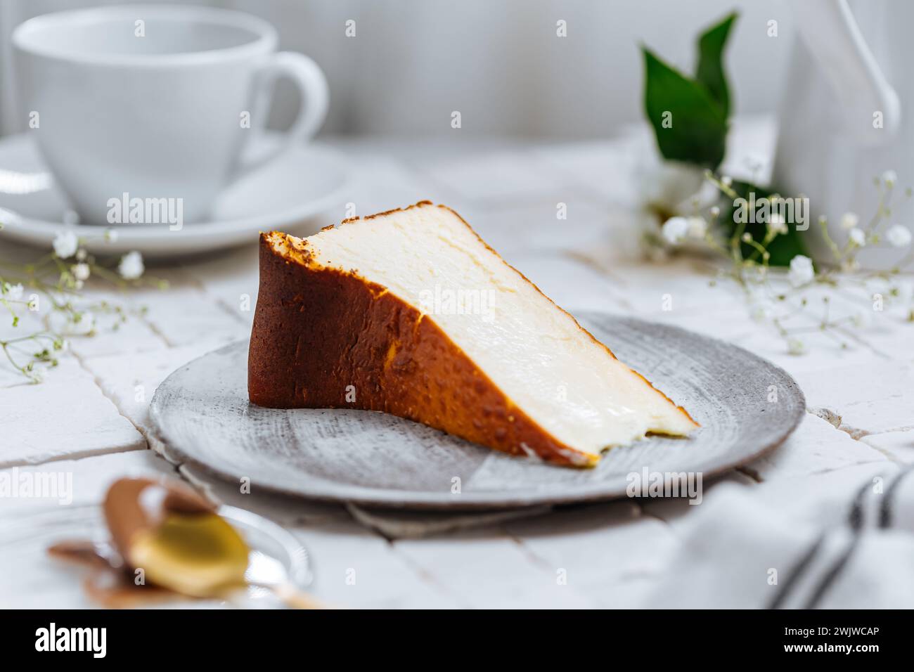 Beliebtes spanisches Dessert namens San Sebastian Käsekuchen. Klassischer baskischer Käsekuchen mit verbranntem Käse. Ein Stück Kuchen auf weißem Hintergrund Stockfoto