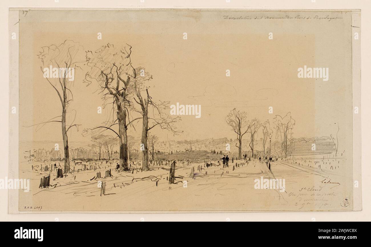 Lalanne, Maxime (Nr. 1827-11-27-D.1886-07-29), während des Hauptquartiers von Paris (1870-1871), Zerstörung der Avenue du Bois de Boulogne. (Getreuer Titel), 1870. Carnavalet Museum, Histoire de Paris. Stockfoto