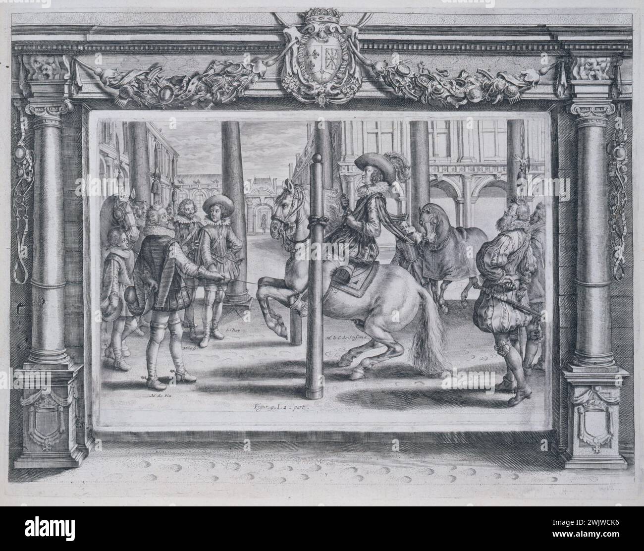 Crispin II. Der Vergangenheit und Antoine de Pluvinel de la Baume (um 1555–1620). "Royal Merry -Go -Round of Monsieur de Pluvinel, Seite 23 - Antoine de Pluvinel lehrte Reiten zu König Ludwig XIII (1601-1643)", 1623. Gedrucktes Buch. Museum der Schönen Künste der Stadt Paris, Petit Palais. 34098-10 Pferd, Lehre, Lehre, Ausrüstung, Buch, könig Frankreich Stockfoto