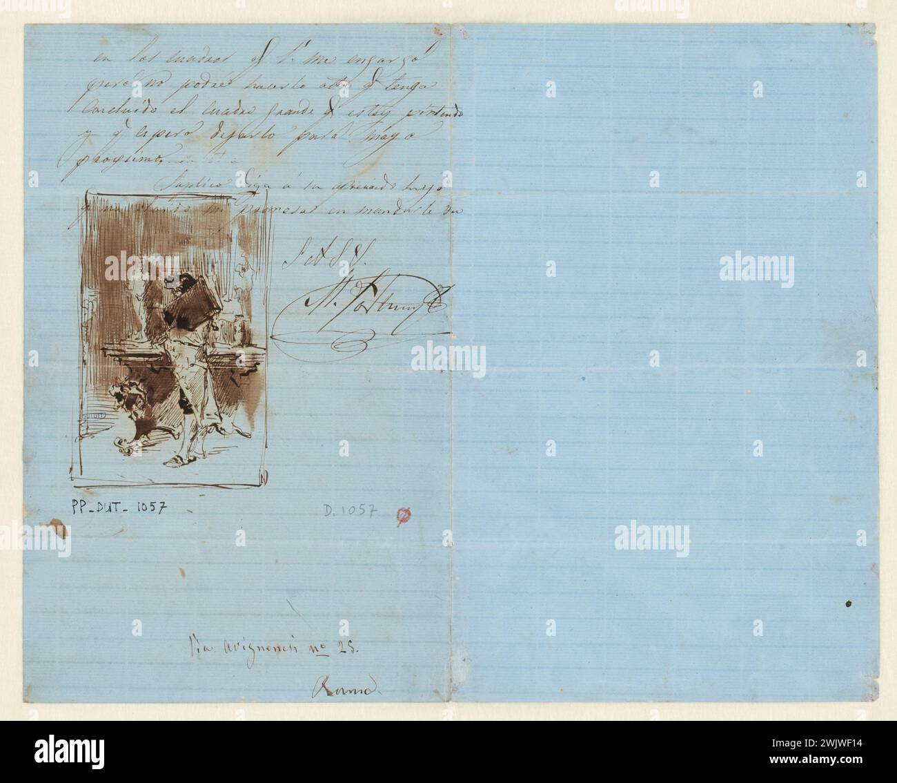 Fortuny, Mariano (Nr. 1871-05-11-D.1949-05-03), eine Figur in einem Innenraum (Haupttitel), 1866. Feder, braune Tinte auf blauem Letter-Papier. Petit Palais, Museum der Schönen Künste der Stadt Paris. Stockfoto