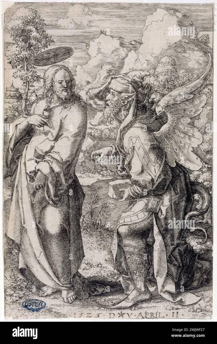 Dirc Van Star. Jesus wurde vom Dämon verführt. Ätzen. Museum der Schönen Künste der Stadt Paris, Petit Palais. Allegorie, Chretien Chretienne, Teufel, Wüste, Neues Testament, Satan, biblische Szene, szenisch, Versuchung, Versuch es Stockfoto