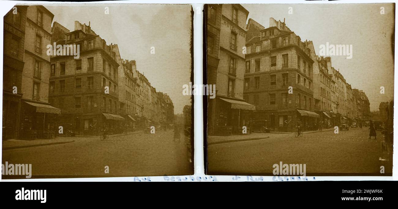 Rue Beaubourg und Rue Chapon. Paris (IV. Bezirk). 1926-1936. Anonyme Fotografie. Paris, Carnavalet Museum. Chapon, IIIEME III 3. 3. 3. 3. 3. Arrondissement, Pariser Gebäude, IVEME IV 4. 4. Arrondissement, Le Marais, Quartier du Marais, Rue Beaubourg, Stereo, stereoskopische Ansicht Stockfoto