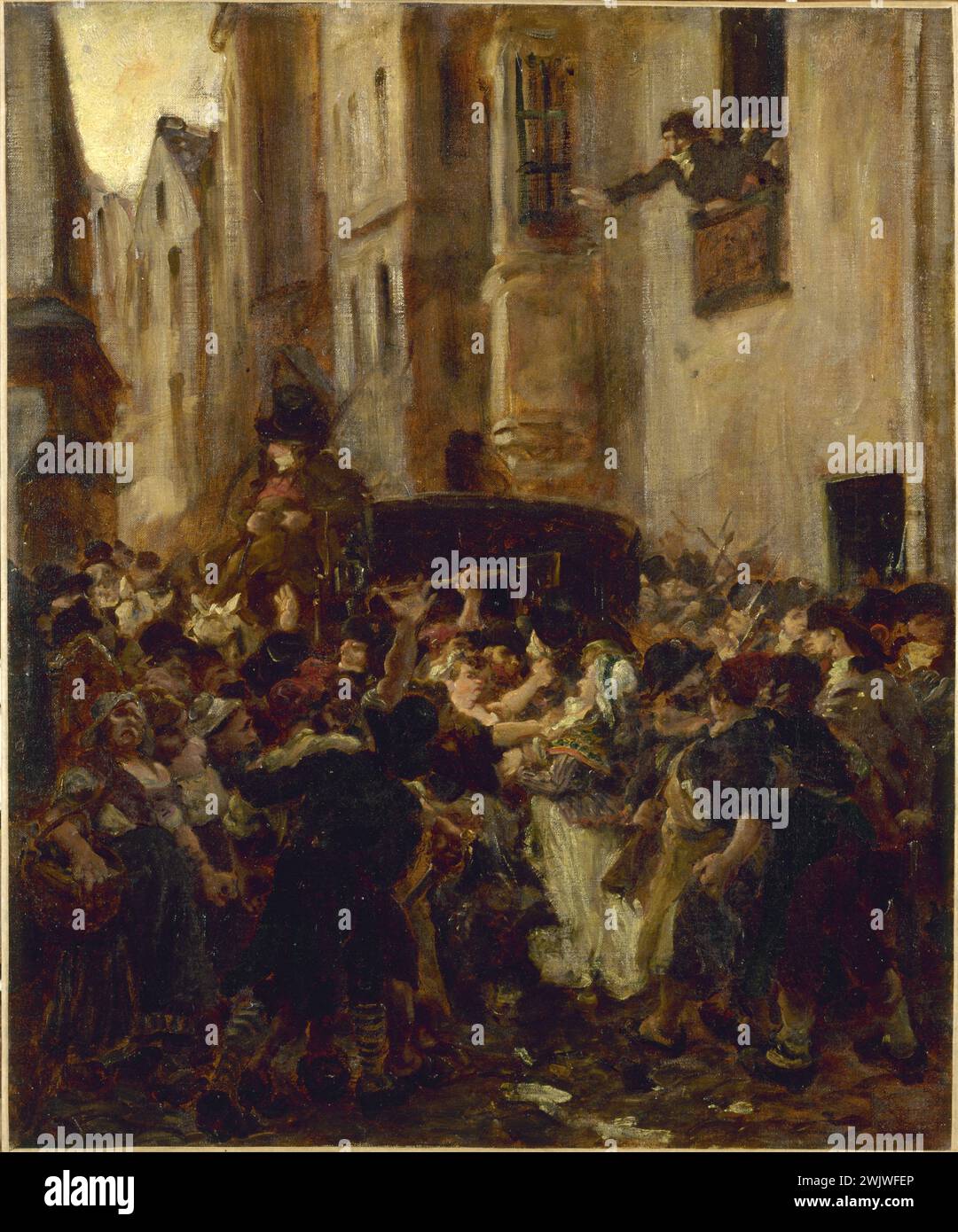 Edme Dehodencq (1822-1882). 'Verhaftung von Charlotte Corday nach dem Mord an Marat, 13. Juli 1793'. Öl auf Leinwand. Paris, Carnavalet Museum. 26820-4 Verhaftung, Stopp, Attentäter, drängeln, drängeln, Kriminelle, Menschenmenge, Mord, Kunstwerk, Französische Revolution, Straßenszene, Malerei, Gewalt, Stadt, 19. XIX. 19. 19. 19. Jahrhundert, Öl auf Leinwand Stockfoto