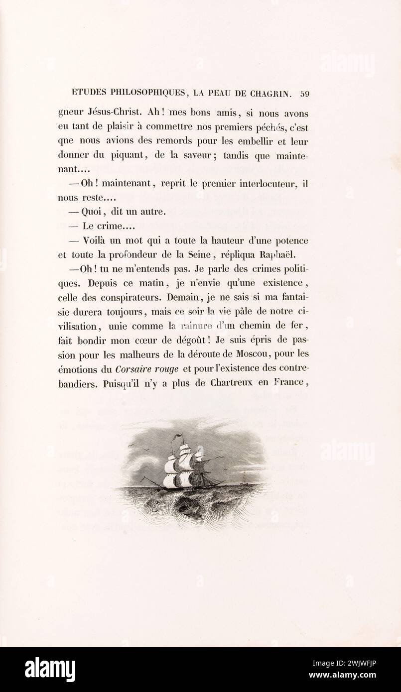 Anonym. "La Skin de Chagrin", Roman von Honoré de Balzac (1799-1850), illustrierte Ausgabe. „Vogant-Schiff“. Stahlgravur. Edition H. Delloye und Victor Lecou, 1838. Paris, Maison de Balzac. Illustration, die Haut der Trauer, illustre Arbeit, Roman, literarische Arbeit Stockfoto