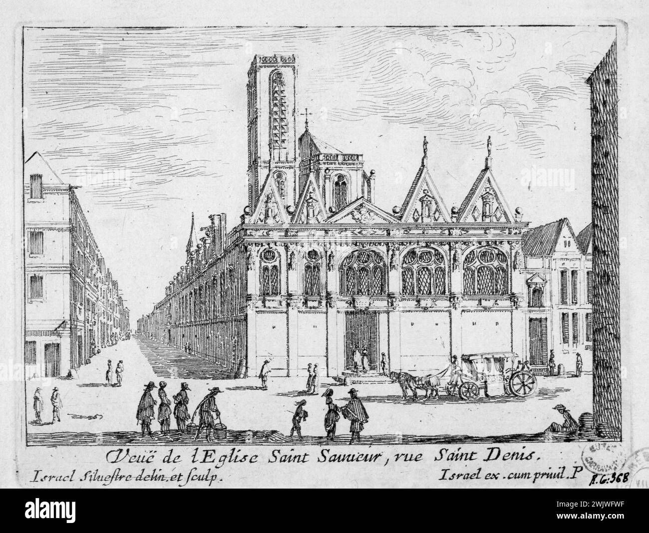 Israel Silvestre (1621-1691) und Israel Henriet (1590-1661). 'Blick auf die Kirche Saint-Sauveur, Rue Saint-Denis'. Ätzen, 1650-1660. Paris, Carnavalet Museum. Arrondissement, Ätzung, Kirche Saint-Sauveur, IIEME II 2. 2., Rue Saint-Denis Stockfoto