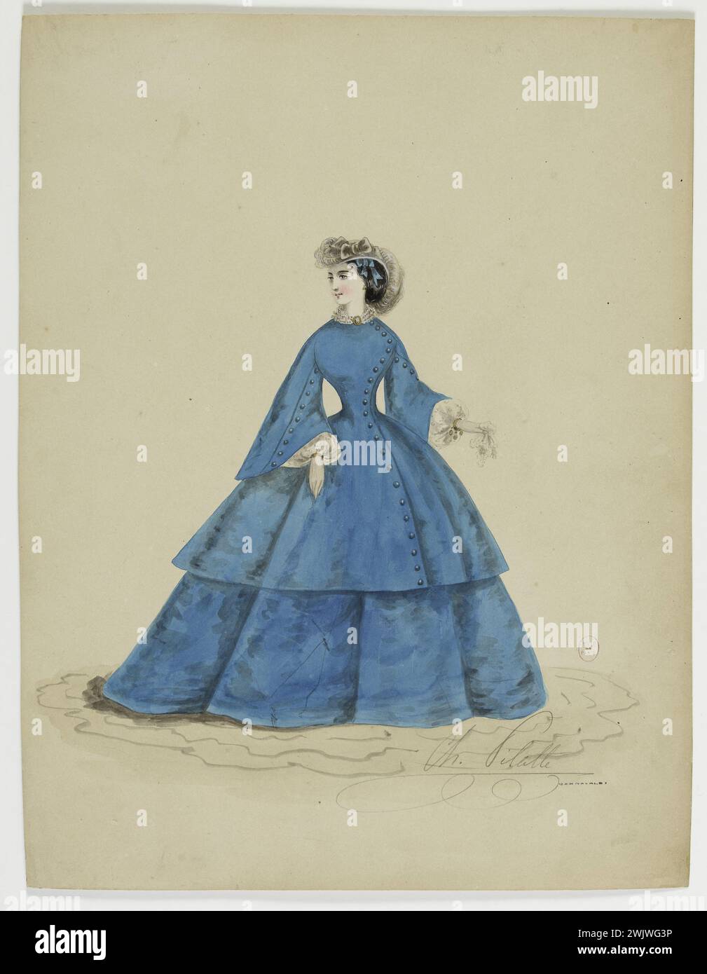 Charles Pilatte für das Haus der Ghys. Modellfigur für Schneiderin. Blaues Stadtkleid: Lange geknöpfte Jacke vorne, MADAME GHYS Model. Aquarell auf Karton. 1860. Galliera, Modemuseum der Stadt Paris. 37792-6 Watercolor on Carton, Album, Couturiere, junge Frau, Ghys House, Figurenmodell, blaues Stadtkleid, Second Empire, lange Jacke vorne Stockfoto