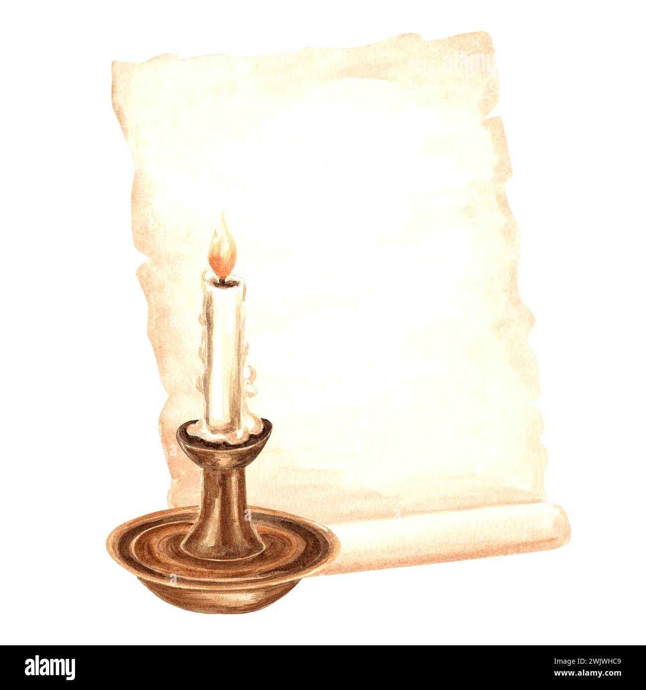 Blatt Pergamentpapier, brennende Kerze im Kerzenhalter. Vorlage für altes Schreibmaterial. Handgezeichnete Aquarellillustration. Isoliertes Retro Stockfoto