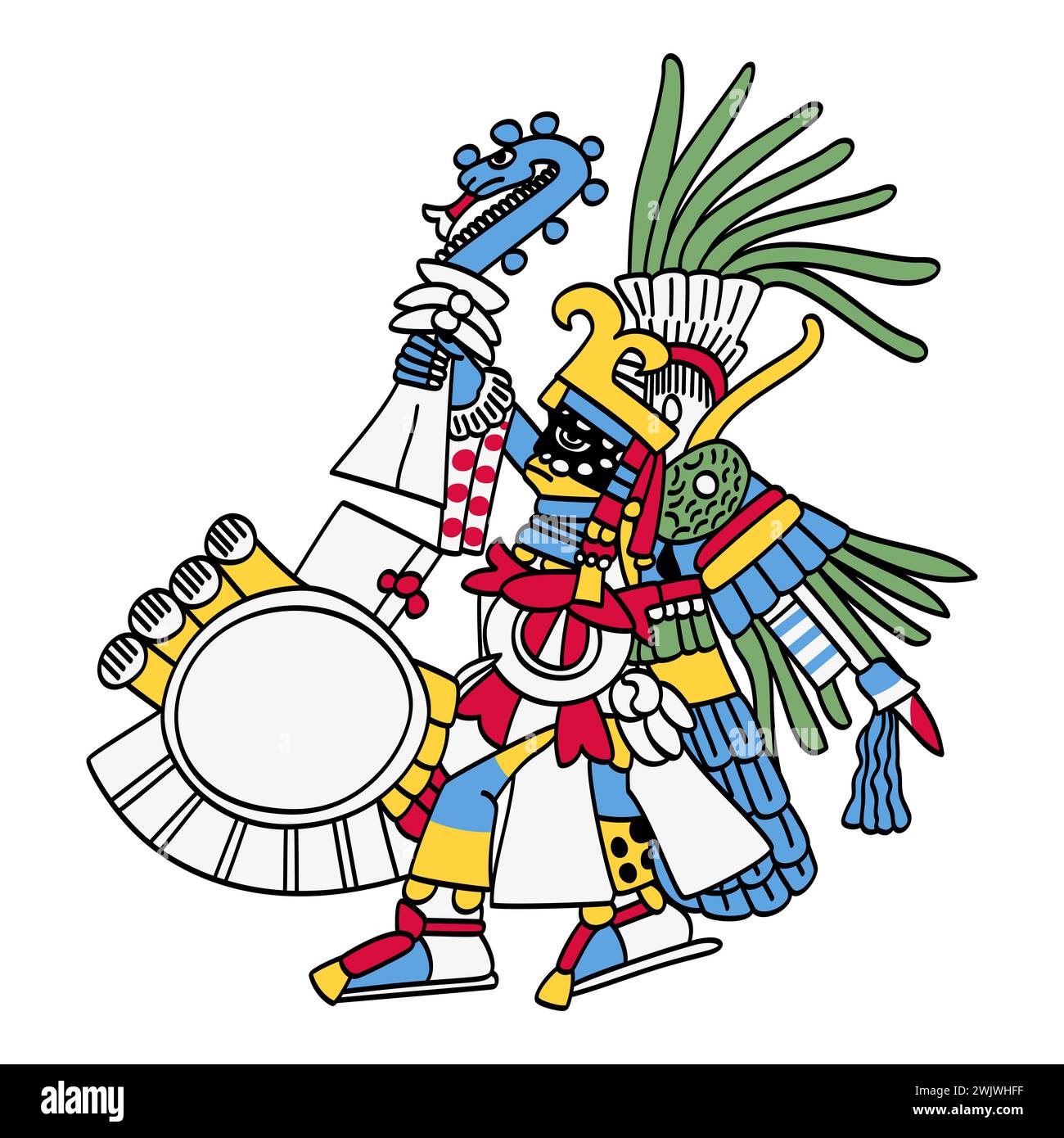 Huitzilopochtli, Schutzgott der Azteken und Hauptstadt Tenochtitlan. Sonnengottheit und Kriegsgottheit des Opfers, Xiuhcoatl, die Feuerschlange. Stockfoto