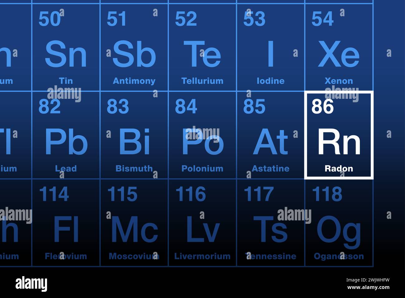 Radon auf dem Periodensystem der Elemente. Radioaktives Edelgas, chemisches Symbol RN und Atomzahl 86. Das Zerfallsprodukt von Radium tritt natürlich auf. Stockfoto
