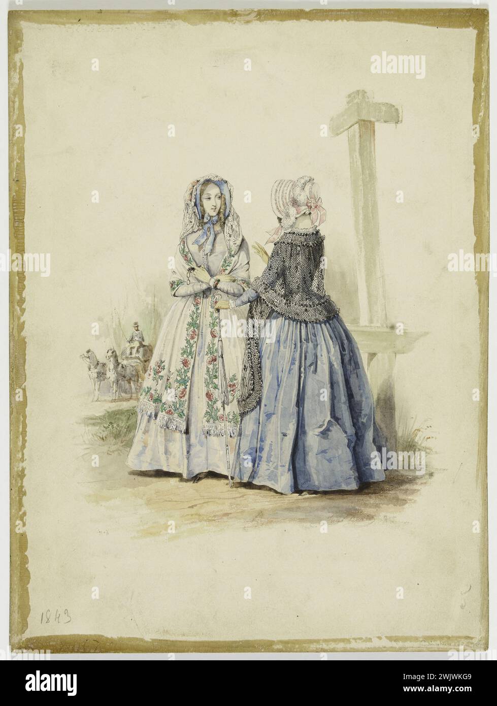 Jules David (1808-1892). „Outfits für den Sommer“. Zeichnung für Platine Nr. 1, „der Mode-Monitor“. Zwei Frauen, Mantel: Stickerei, Spitze, Seidenhüte, Museumsstich, abgeschnitten. Plume, schwarze Tinte, Gouache. 1843. Galliera, Modemuseum der Stadt Paris. 37821-17 Stickerei, Seidenmütze, Spitze, Zeichnung, Tinte, Gouache, junge Frau, Mantelet, Modelehrer, Sommerausflug, Outfit, Gravur, Feder, Kleid Stockfoto