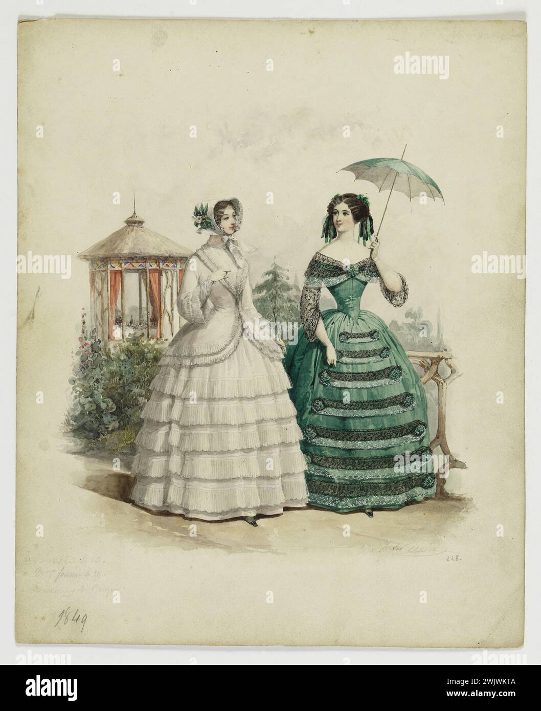 Jules David (1808-1892). "Zwei Frauen in einem Garten". Zeichnung für Platine Nr. 228, „der Mode-Monitor“. Zusammen am Morgen, Ballasenkleid mit schwarzer Spitze, Markise-Keuchen. Bleimine, Gouache, Tinte, Waschen, weißer Karton. August 1849. Galliera, Modemuseum der Stadt Paris. 37821-2 Schwarze Spitze, Zeichnung, Tusche, Set am Morgen, Frau, Gouache, Garten, Waschen, Bleimine, Marquise Stifte, Spaziergang, Ballkleid, Spaziergang, kleiden Stockfoto