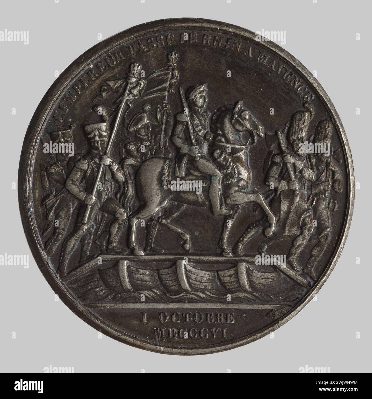 DROZ, Jean-Pierre (Nr. 1746-04-17-D.1823-03-02), Rheinpassage nach Mainz (Haupttitel), 1806. Legierung mit niedrigem Schmelzpunkt. Braune Patina. Petit Palais, Museum der Schönen Künste der Stadt Paris. Stockfoto