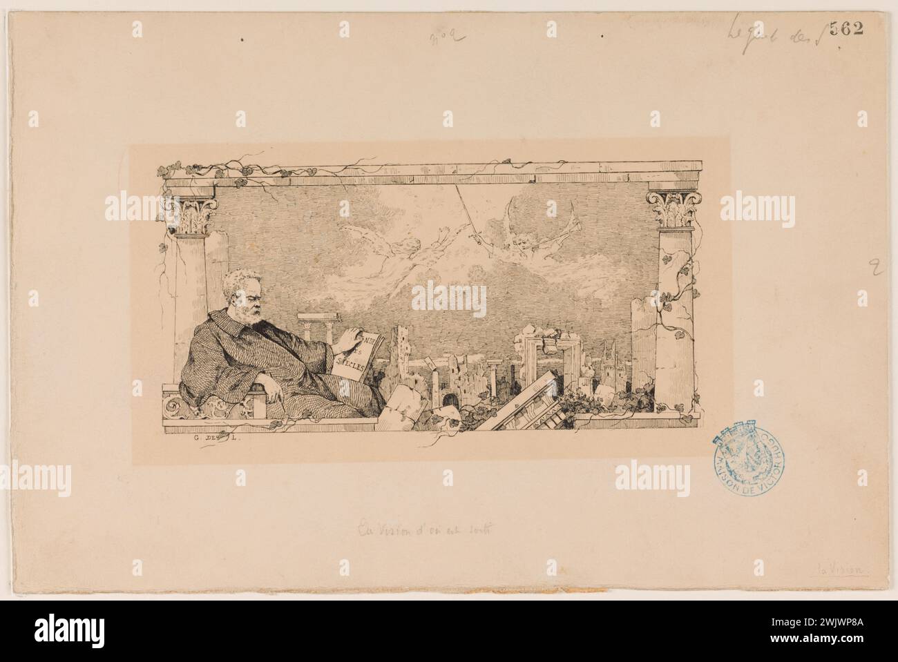 Pierre Charles Guérin des Longrais. Die Vision, in der dieses Buch herauskam. Illustration für“ die Jahrhundertlegende „in der nationalen Ausgabe“. Tinte, Feder auf Karton. 1886. Paris, Haus von Victor Hugo. 102268-28 Spalte, Dekor, altes Dekor, Zeichnung, Schriftsteller, französischer Schriftsteller, nationale Ausgabe, Tusche, Illustration, Illustration des literarischen Werkes, die Legende der Sukles, Ruinen, 19. XIX 19. 19. 19. 19. 19. 19. 19. 19. 19. 19. 19. 19 Stockfoto