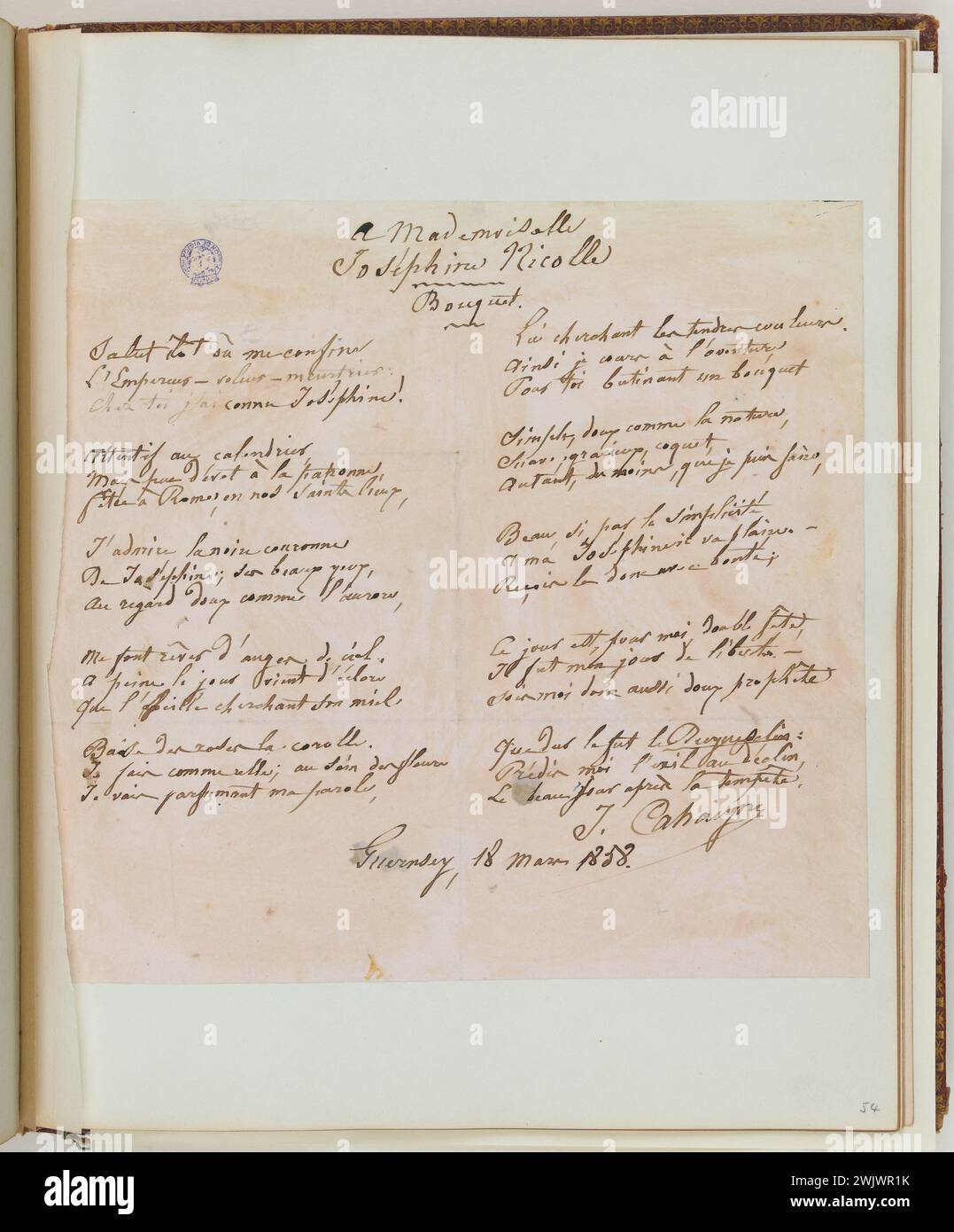 JOSS oder Album Nicolle (gehört Joséphine Nicolle, Schwägerin des verbotenen Bonnet-Duverdier). Gedicht an Joséphine Nicolle. „Bunch“. Tinte auf Papier. Autor: J. Cahaigne, 18. März 1858. Paris, Maison de Victor Hugo. 53635-10 JOSS Album, Nicolle Album, Dedicace, handgeschriebene Schrift, Tinte auf Papier, Exil, Gedicht, poesie, Unterschrift, 19. XIX. 19. Jahrhundert Stockfoto