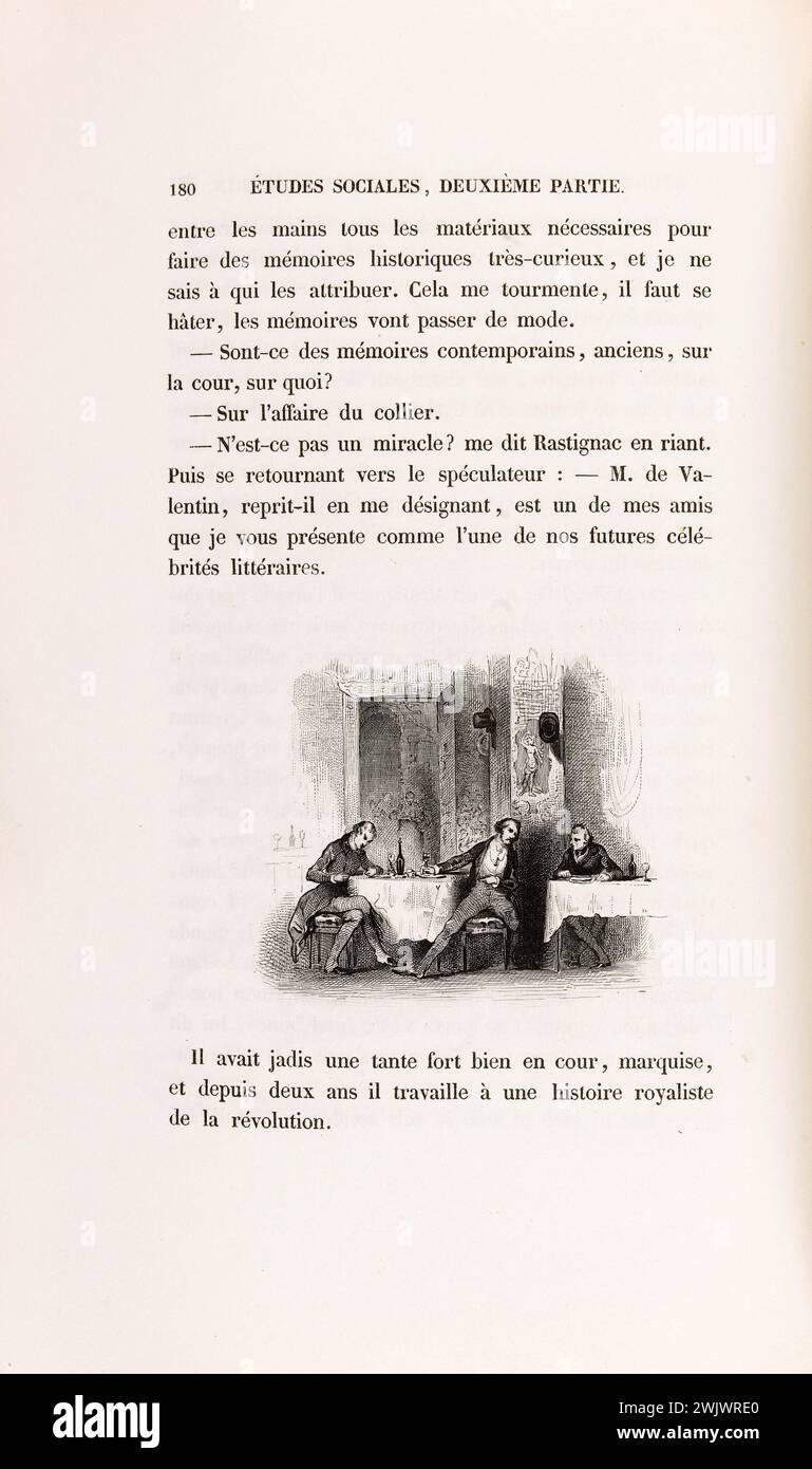 Anonym. "La Skin de Chagrin", Roman von Honoré de Balzac (1799-1850), illustrierte Ausgabe. "Eugène de Rastignac präsentiert Raphaël de Valentin einem Redakteur". Stahlgravur. Edition H. Delloye und Victor Lecou, 1838. Paris, Maison de Balzac. Illustration, die Haut der Trauer, illustre Arbeit, Roman, literarische Arbeit Stockfoto