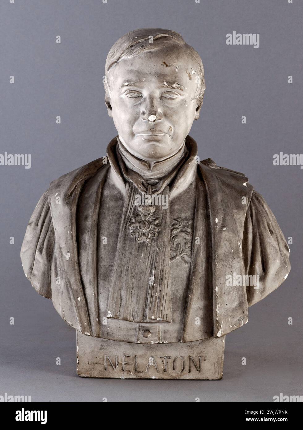 Jean-Pierre Dantan (1800–1869), bekannt als Dantan Young. Chirurgenporträt Auguste Nélaton (1807-1873). Weißes Pflaster. 1863. Paris, Museum Carnavalet. 53175-3 französischer Chirurg, weißes Gips, Portraitmessung, Gesundheit Stockfoto