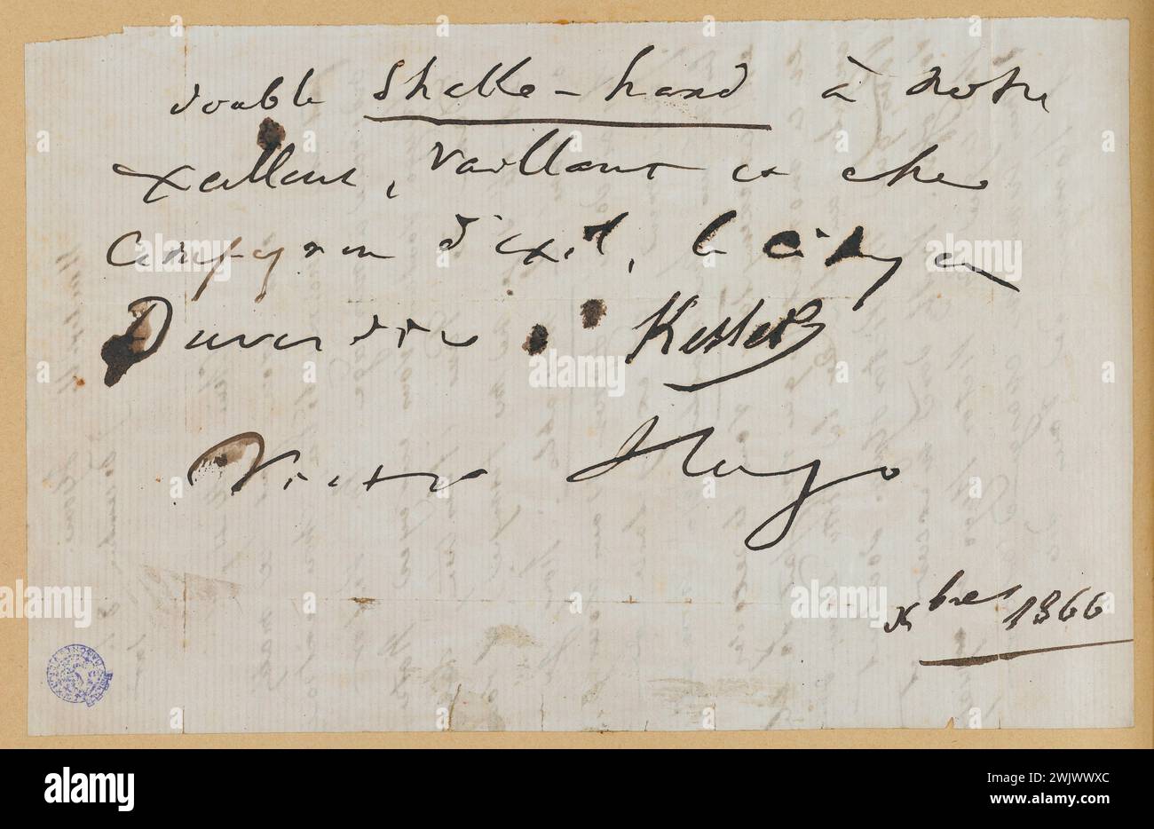 JOSS oder Album Nicolle (gehört Joséphine Nicolle, Schwägerin des verbotenen Bonnet-Duverdier). Autogramm Manuskript, Widmung an Herrn Bonne-Duverdier. Tinte auf Papier. Autor: Duverdier, Kesler, Victor Hugo. 1866. Paris, Haus von Victor Hugo. 53633-6 JOSS Album, Nicolle Album, Autogramm, Korrespondenz, Widmung, französischer Schriftsteller, Tinte auf Papier, Exil, Manuskript, Unterschrift Stockfoto