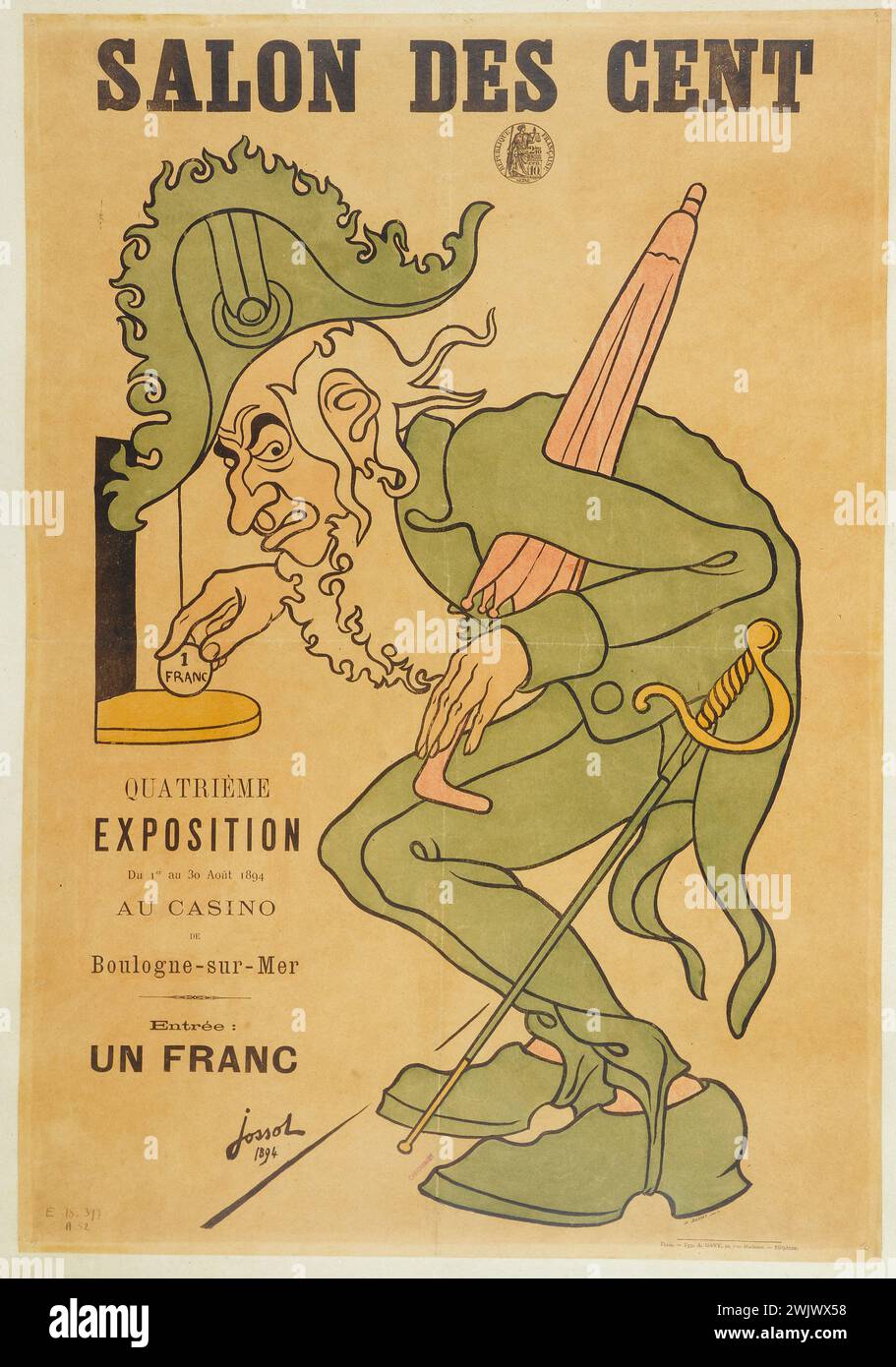 Henri Gustave Jossot (1866-1951). A. Barret. Imprimerie A. Davy. Salon des Cent, vierte Ausstellung, im Casino Boulogne-sur-Mer. Poster. Farblithographie und Typographie, 1894. Paris, Carnavalet Museum. Werbeplakat, Casino, Farblithographie, Werbung, vierte Ausstellung, Hunderte Messe, Typografie Stockfoto