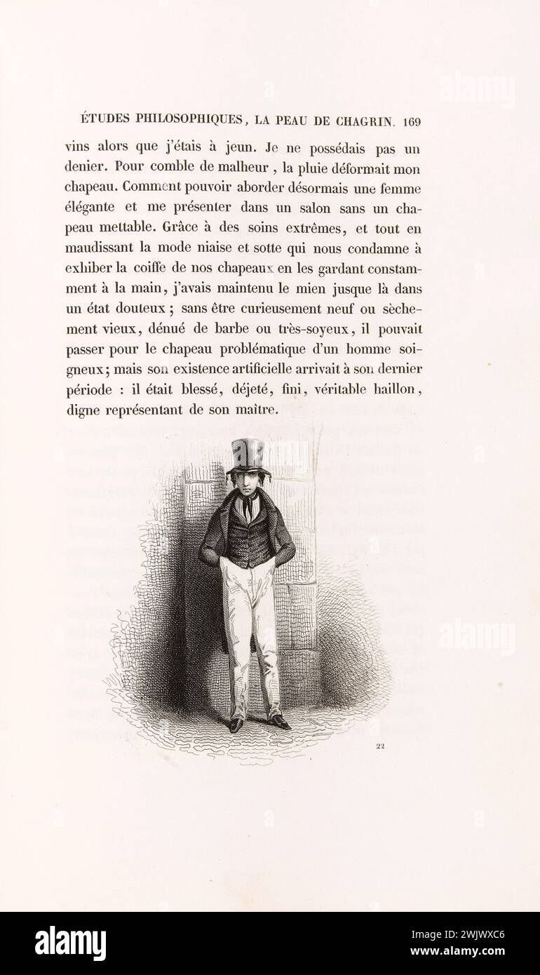 Anonym. "La Skin de Chagrin", Roman von Honoré de Balzac (1799-1850), illustrierte Ausgabe. Bis zum Höhepunkt des Unglücks hat der Regen meinen Hut verzerrt. Gravur auf Stahl. Edition H. Delloye und Victor Lecou, 1838. Paris, Maison de Balzac. Stahlstich, Illustration, die Haut der Trauer, illustre Arbeit, Roman, Wurfarbeiten Stockfoto