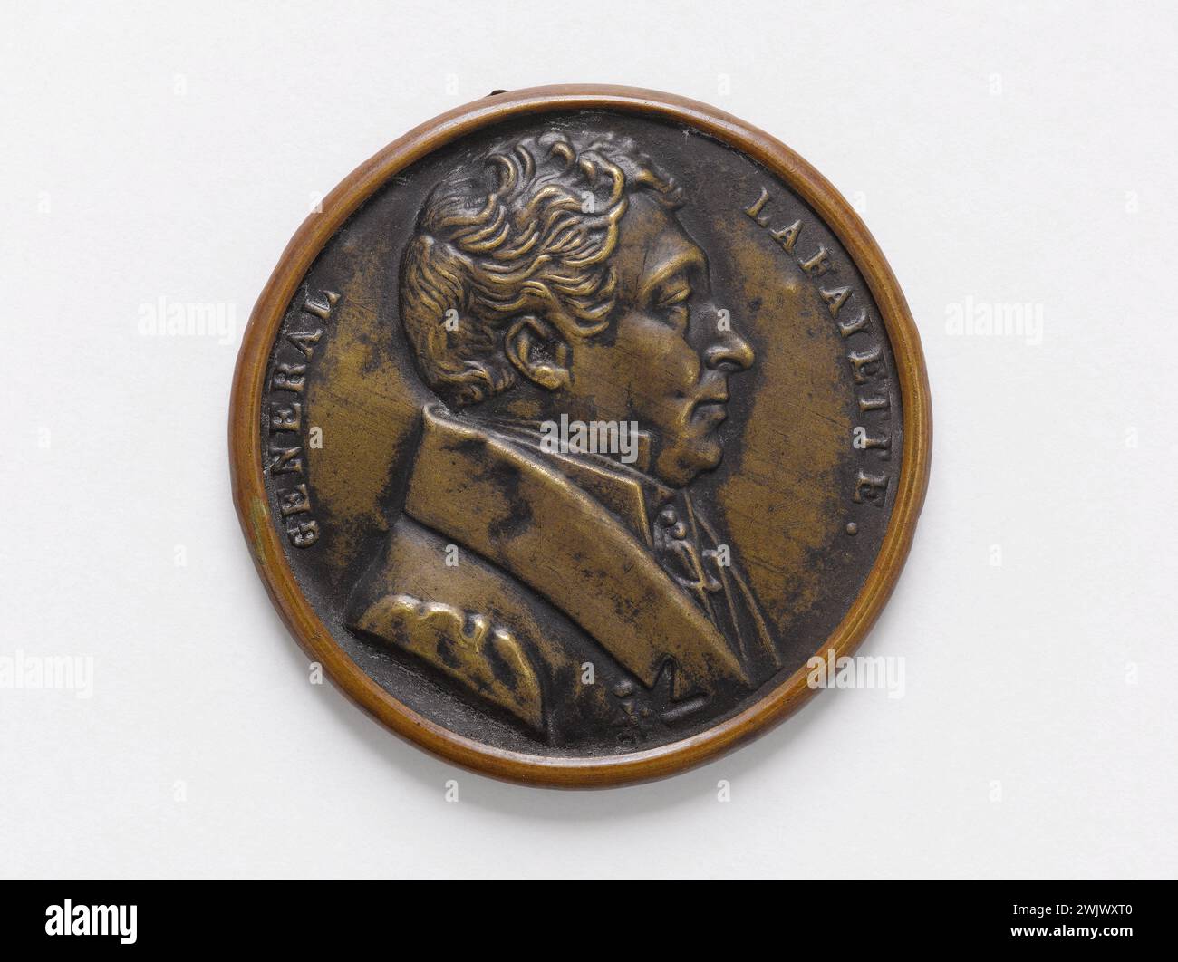 Francois-Augustin Caunois (1787-1859). Gilbert Motier, Marquis de la Fayette (1757–1834), Maréchal de Camp (1782), Stellvertreter der konstituierenden Versammlung (1789–1791), Kommandeur der Nationalgarde (1789–1791), 1830. Kupfer-Repoussé im Messing-Umlauf. Paris, Carnavalet Museum. 70705-29 Marquis, Medaille, Numismatik, Profil, Porträt Stockfoto
