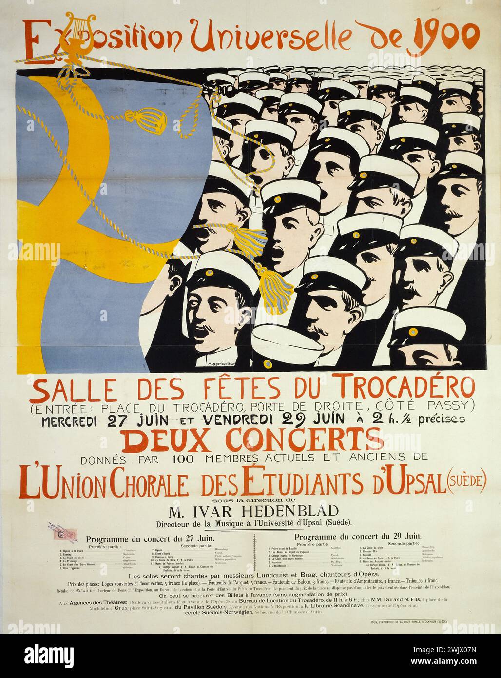 Albert Engstrom (1869-1940). Idun-Druck. Universalausstellung von 1900, Konzerte der Chorunion der Upsal-Studenten, Trocadéro. Poster. Farblithographie, 1900. Paris, Carnavalet Museum. Poster, Konzert, 1900 Universalausstellung, Farblithographie, Festsaal, trocadero, UPSAL Student Choral union Stockfoto