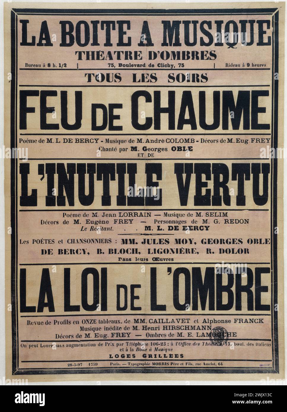 Morris Vater und Sohn drucken. Die Musikbox, das Schattentheater, das reetgedeckte Feuer. Poster. Typografie (rosa Schablone), 1897. Paris, Carnavalet Museum. 75 Boulevard Clichy, Werbeplakat, Musikbox, Reetfeuer, Unterhaltungsort, rosa Schablone, Gedicht, Werbung, Rezension, Theaterschatten, Typografie Stockfoto