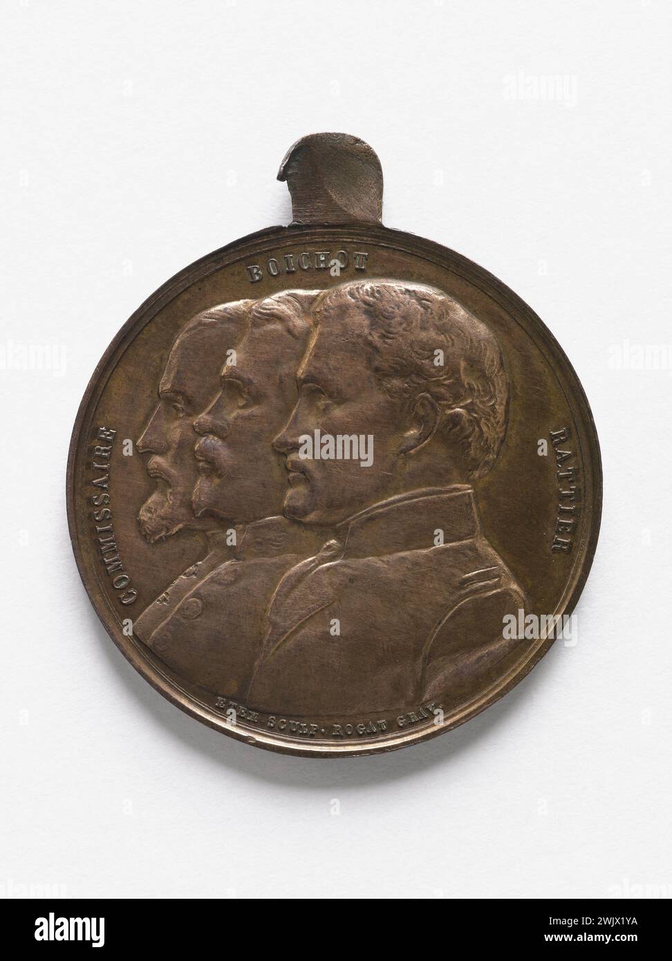 Emile Rogat. Les Sergents Rattier, Boichot und Kommissar, gewählte Volksvertreter am 13. Mai 1849, 1849. Cuper, 1849. Paris, Musée Carnavalet. Numismatik Stockfoto