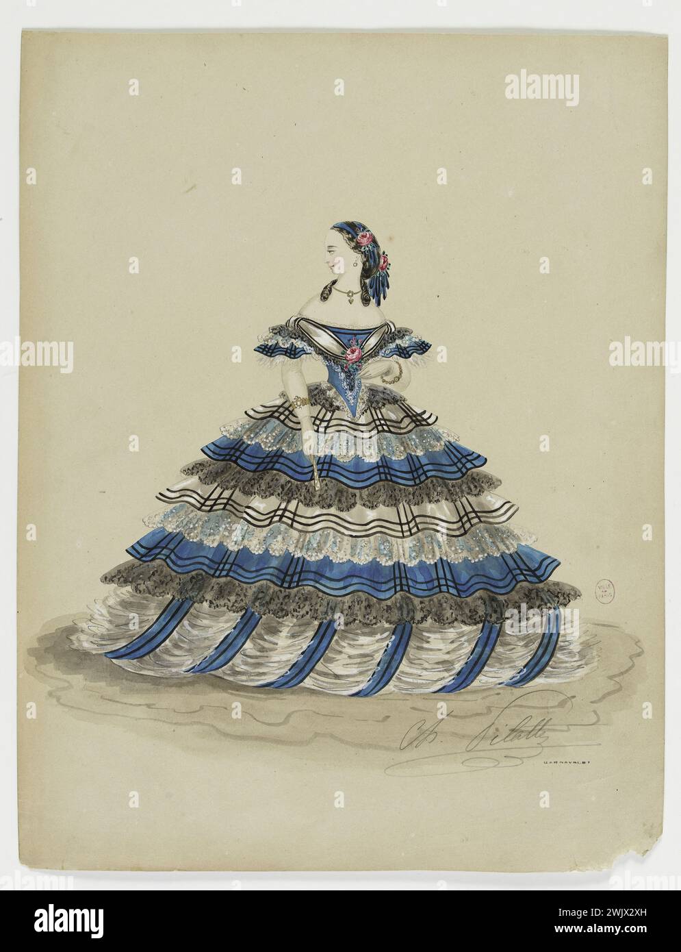 Charles Pilatte für das Haus der Ghys. Modellfigur für Schneiderin. Abendkleid, mit Reihen aus schwarzen Etagenbetten und weißen überlagerten Rüschen, rosa mit Mieder, Modell von Madame Ghys. Aquarell auf Karton. 1860. Galliera, Modemuseum der Stadt Paris. 37794-5 Aquarell auf Karton, Album, weiß, Schneiderin, junge Frau, Gheys-Haus, Model-Ficious, Abendkleid, Mieder pink, zweites Reich, blaues und schwarzes Lenkrad Stockfoto