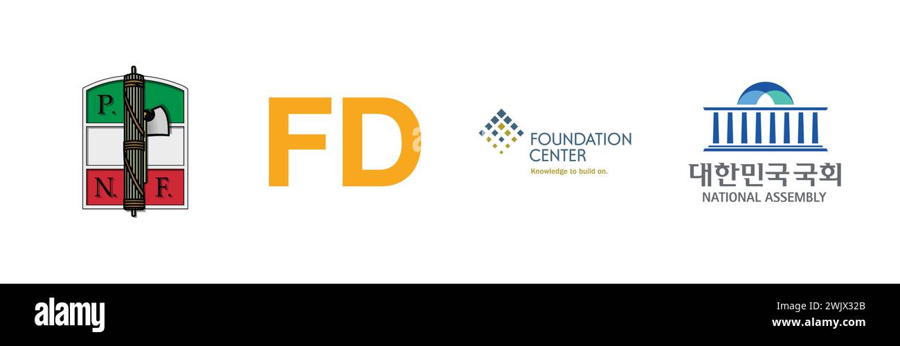 Foundation Center, Französische Partei FD, Kommunikation der Nationalversammlung von Korea, nationale Faschistische Partei, beliebte Markenlogo-Kollektion. Stock Vektor