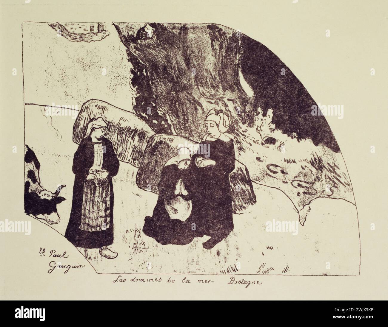 Paul Gauguin (1848-1903). "Die Dramen des Meeres, Bretagne". Gravur. Museum der Schönen Künste der Stadt Paris, Petit Palais. 74163-4 Meer, Bretonisch, Regionale Tracht, Traditionelle Tracht, Schmerz, Theater, Pont-Aven Schule, Französische Schule, Littoral, Künstlerische Bewegung, Ozean, dramatische Szene, Synthetismus, Kuh, Wasser, XIX. XIX. 19. 19. 19. 19. 19. 19. 19. 19 Stockfoto
