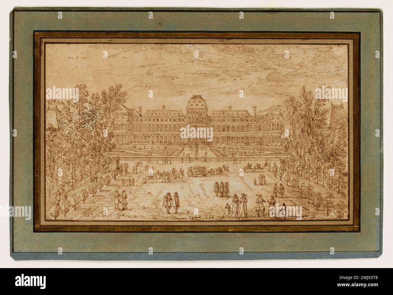 Pérelle, Adam (Nr. 1638-D.1695-03-22), das Palais des Tuileries an der Seite der Gärten nach den Umbauten von Le Vau und unserem (1664-1666). (Dummy-Titel). Braune Feder und Tinte auf Grège-Papier. Carnavalet Museum, Geschichte von Paris. Stockfoto